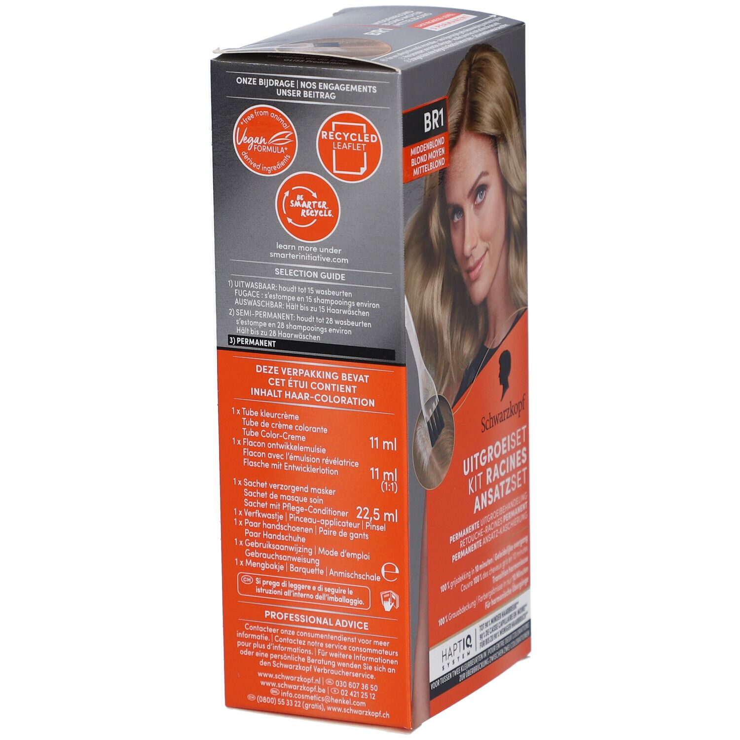 Schwarzkopf Ansatzset BR1. Boîte, dos. Texte: Uitgroeiset, Kit Racines, Ansatzset. Ingrédients, logos.