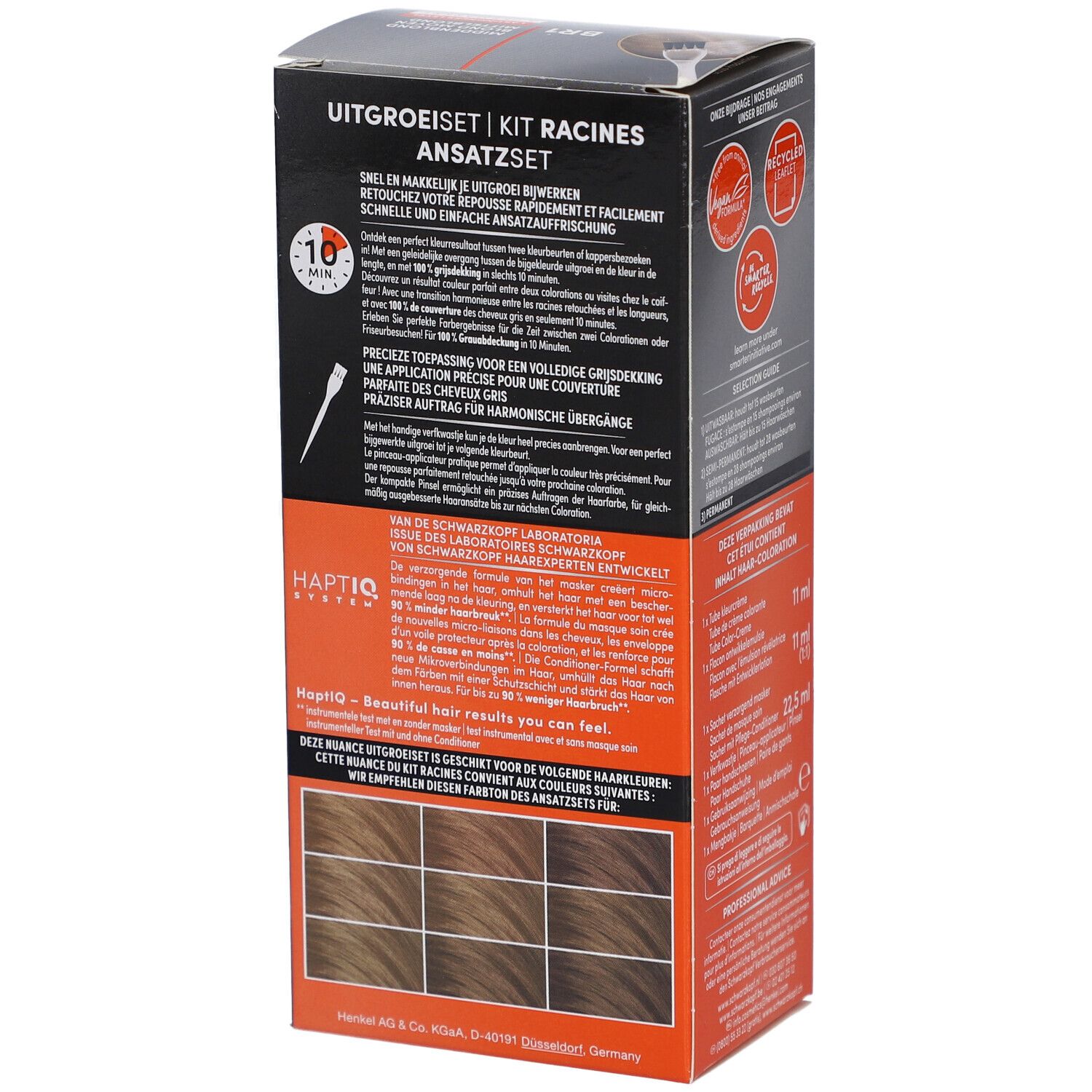 Schwarzkopf Ansatzset BR1. Boîte, dos. Texte: Uitgroeiset, Kit Racines, Ansatzset. Instructions d'utilisation.