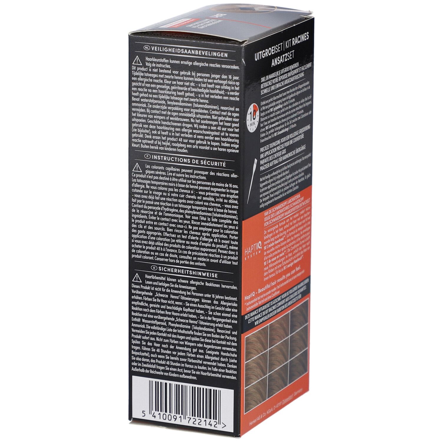 Schwarzkopf Ansatzset BR1. Boîte, dos. Texte: Uitgroeiset, Kit Racines, Ansatzset. Consignes de sécurité.