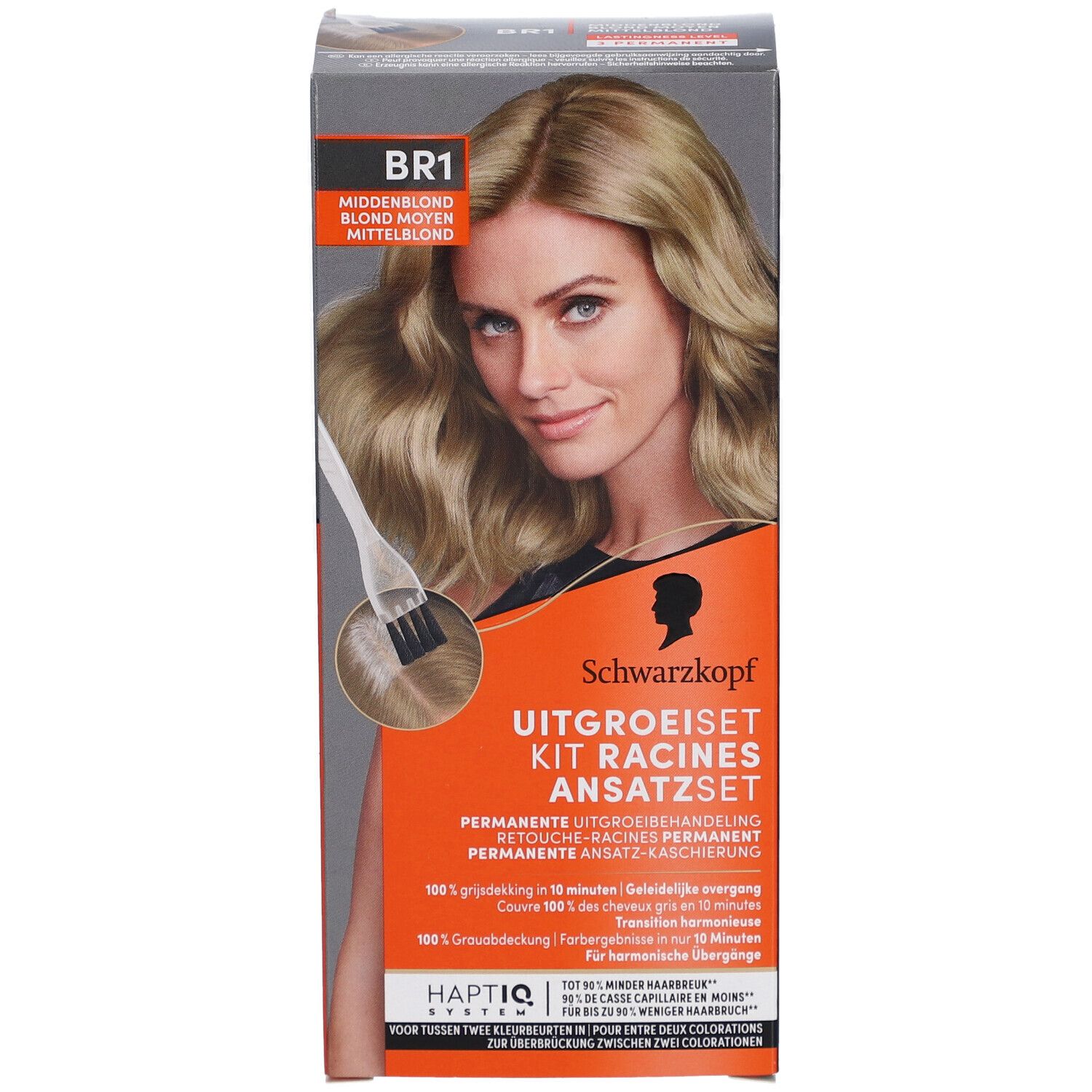 Schwarzkopf Ansatzset BR1. Boîte avec femme et pinceau. Texte: Blond moyen, Uitgroeiset, Kit Racines, Ansatzset.