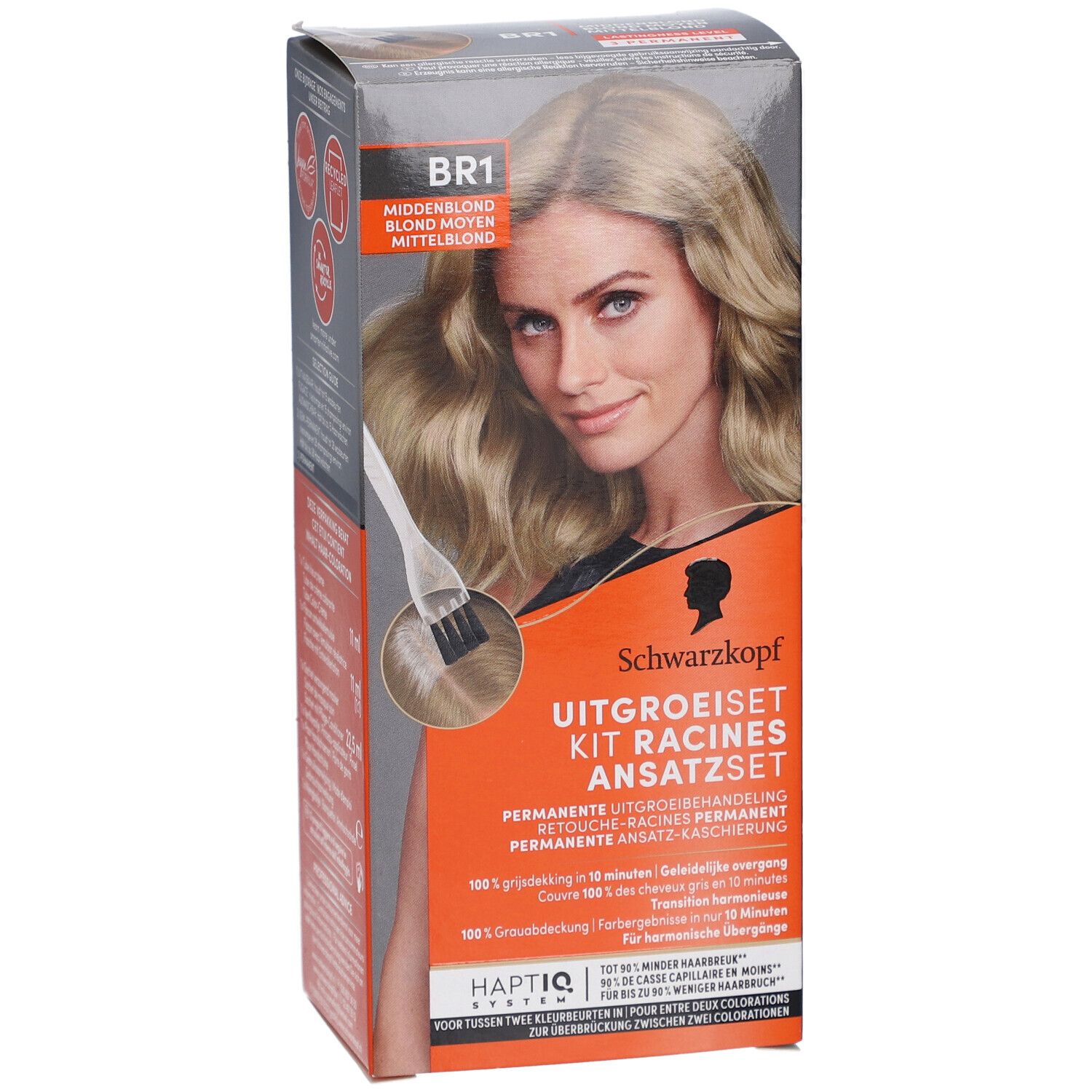 Schwarzkopf Ansatzset BR1. Boîte avec femme et pinceau. Texte: Blond moyen, Uitgroeiset, Kit Racines, Ansatzset.