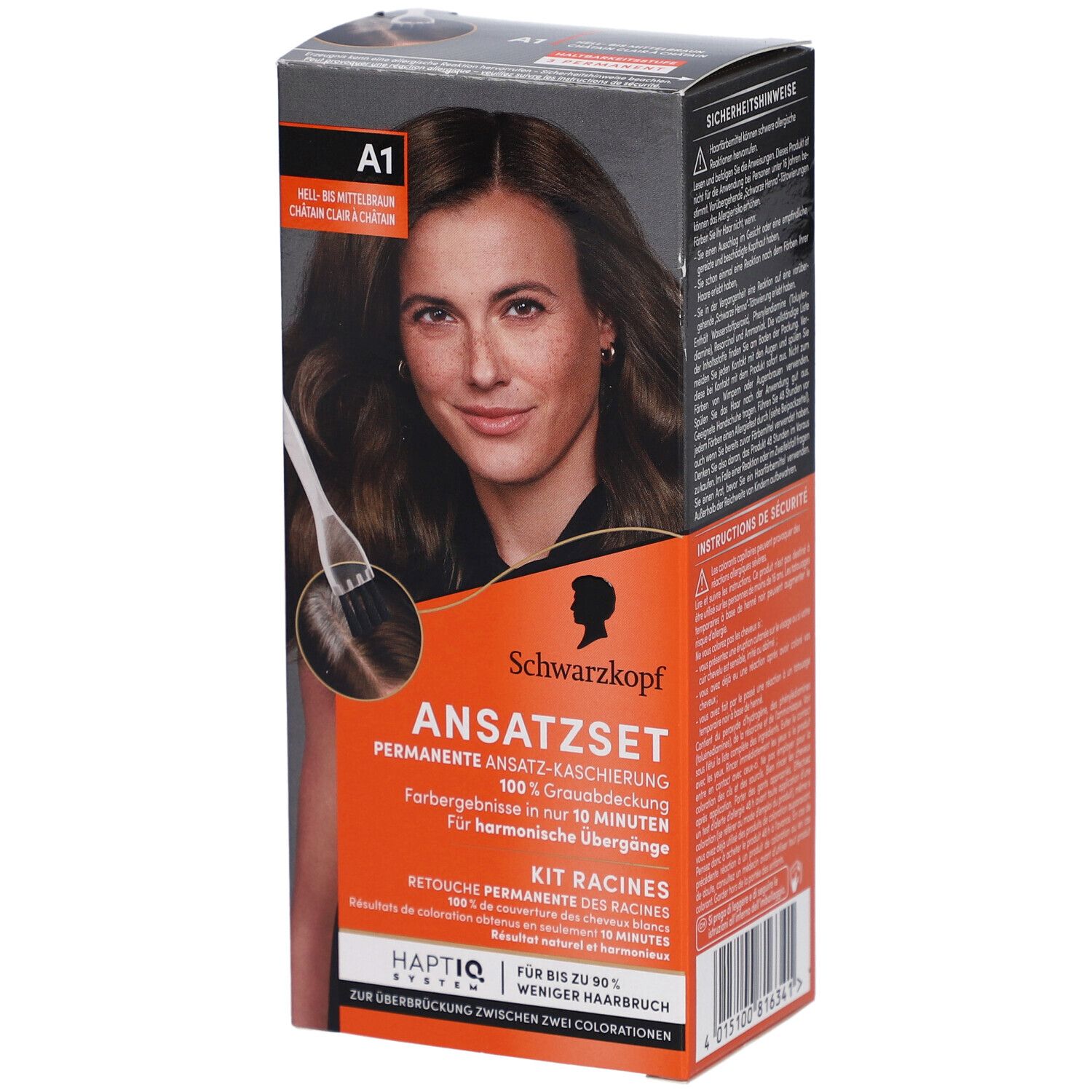 Schwarzkopf Ansatzset A1. Boîte avec image du produit et modèle. Texte: Brun clair-moyen, retouche permanente des racines.