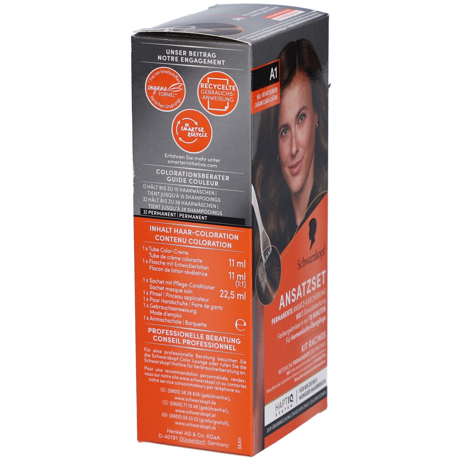 Schwarzkopf Ansatzset A1. Vue latérale de la boîte avec liste des ingrédients. Contient coloration, crème, applicateur, gants.