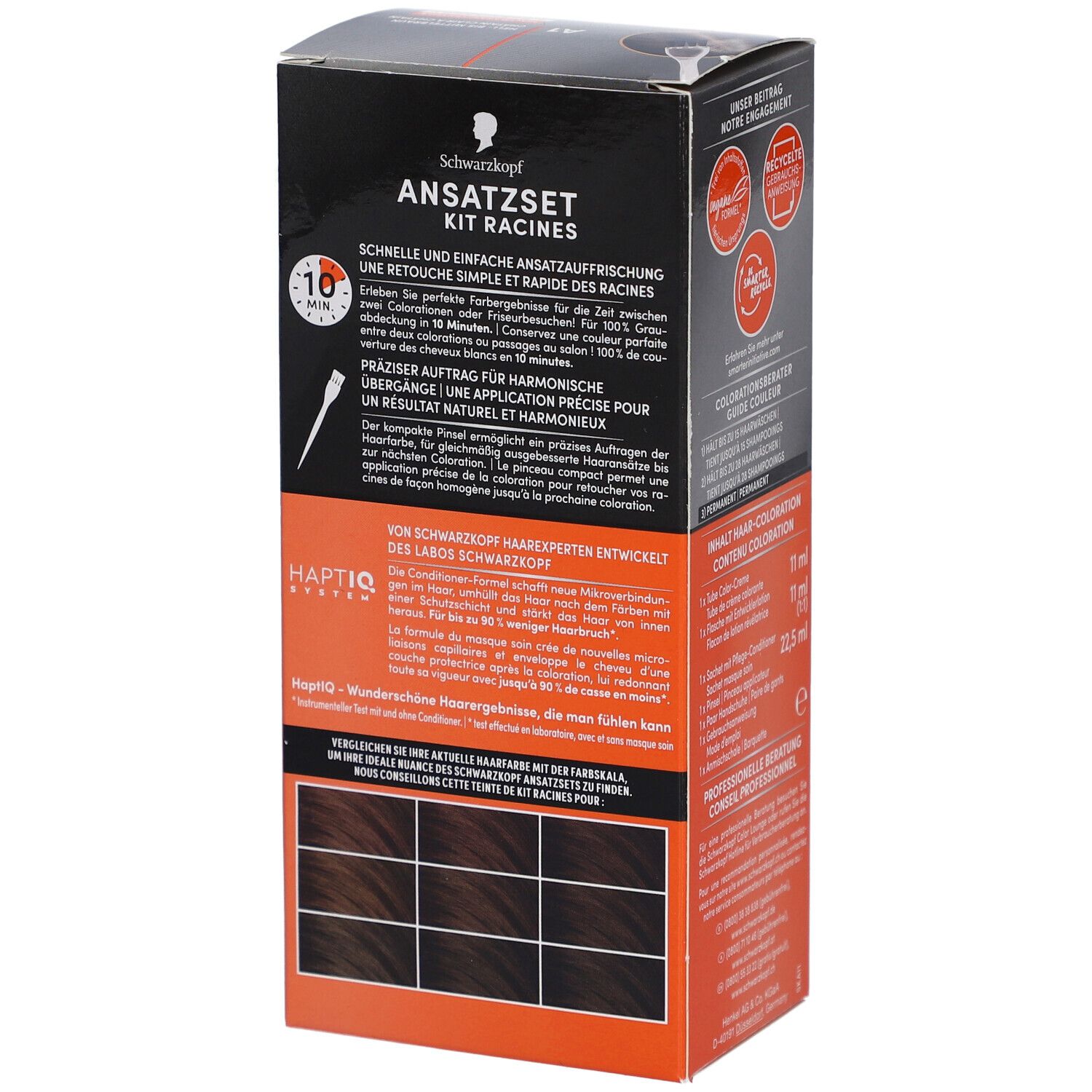 Schwarzkopf Ansatzset A1. Dos de la boîte avec informations produit. Retouche rapide des racines en 10 minutes.