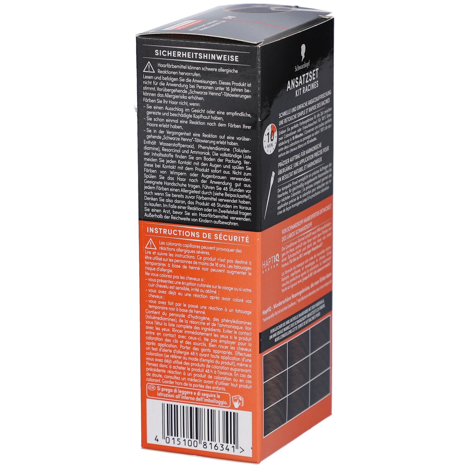 Schwarzkopf Ansatzset A1. Dos de la boîte avec consignes de sécurité et d'utilisation.