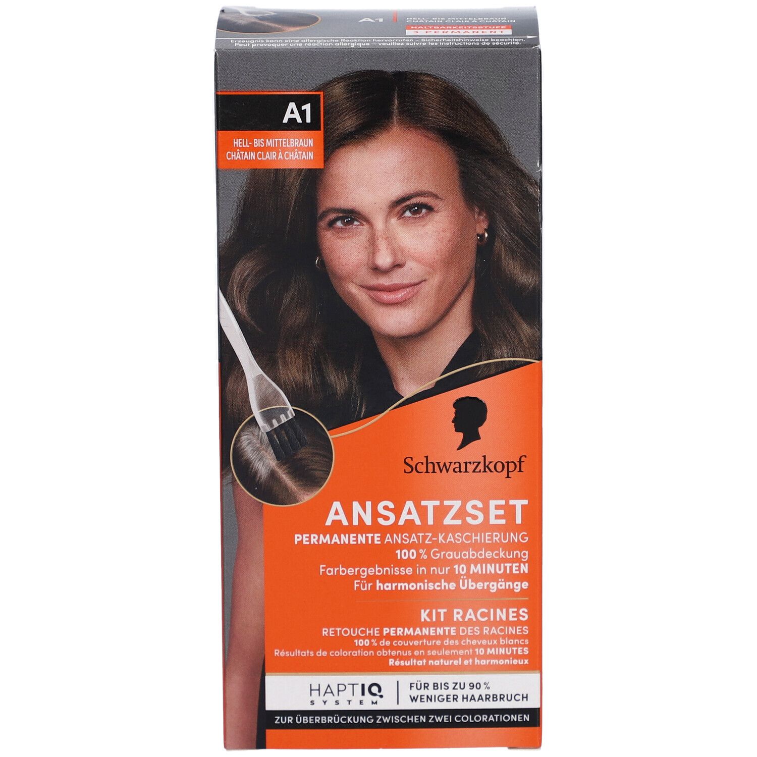 Schwarzkopf Ansatzset A1. Boîte avec image du produit et modèle. Texte: Brun clair-moyen, retouche permanente des racines.