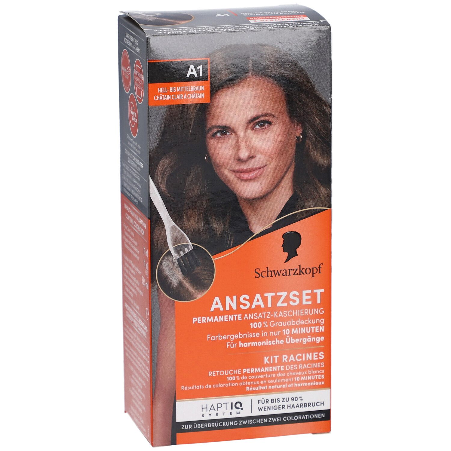Schwarzkopf Ansatzset A1. Boîte avec image du produit et modèle. Texte: Brun clair-moyen, retouche permanente des racines.