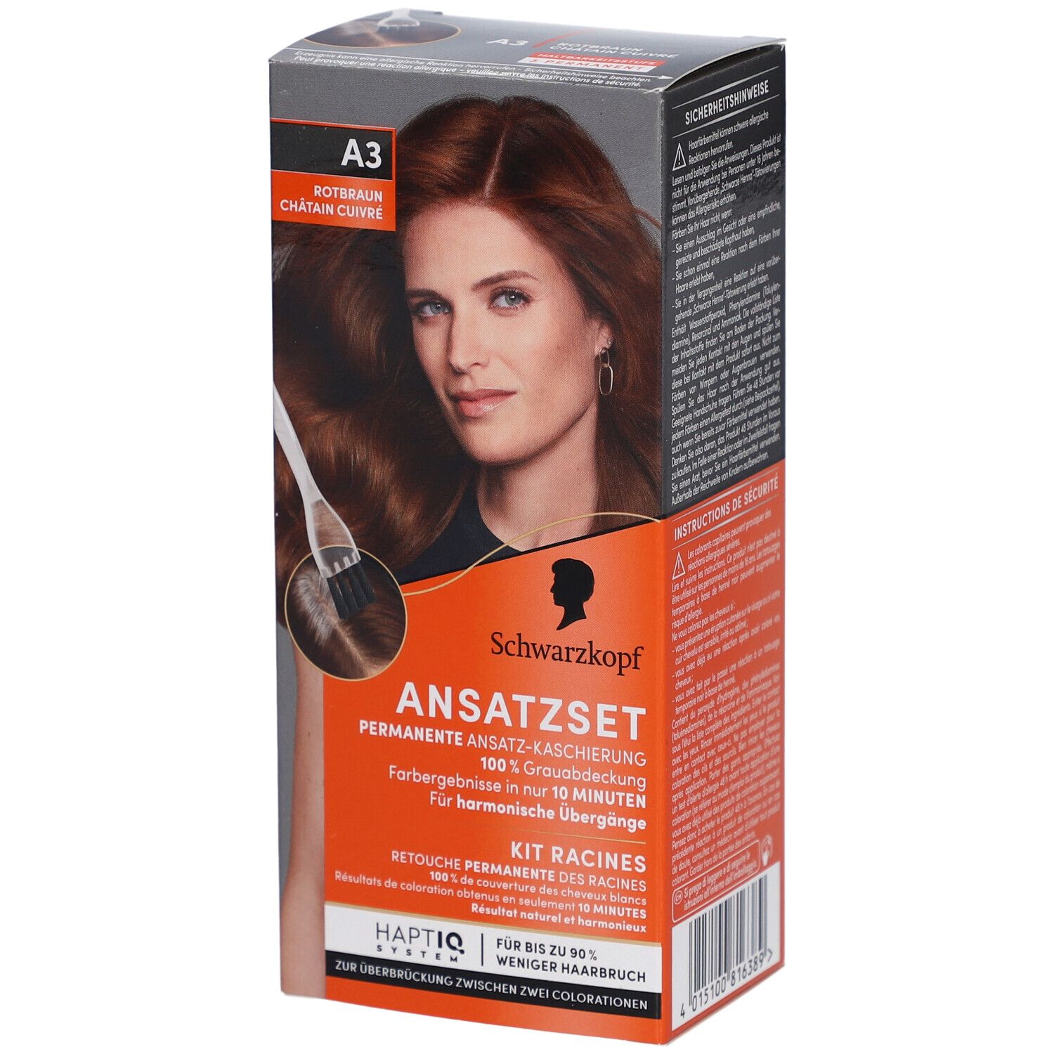 Schwarzkopf Ansatzset A3 Châtain Cuivré. Boîte avec image produit et modèle. Texte: Kit Racines, couvrance des racines.