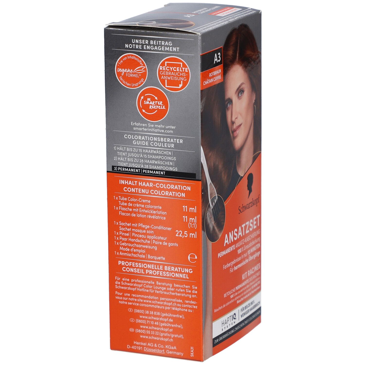 Schwarzkopf Ansatzset A3. Dos de l'emballage avec informations et symboles de recyclage. Texte: Guide couleur.
