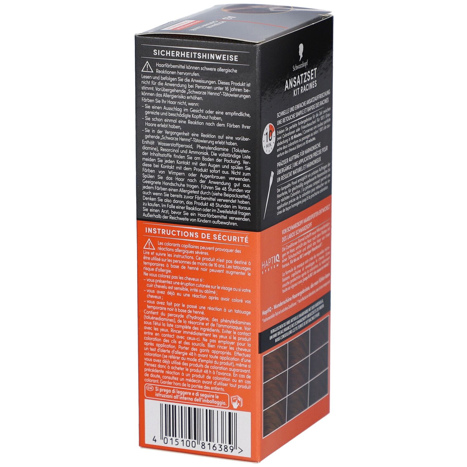 Schwarzkopf Ansatzset. Emballage avec consignes de sécurité. Texte: Précautions de sécurité, instructions, avertissements.