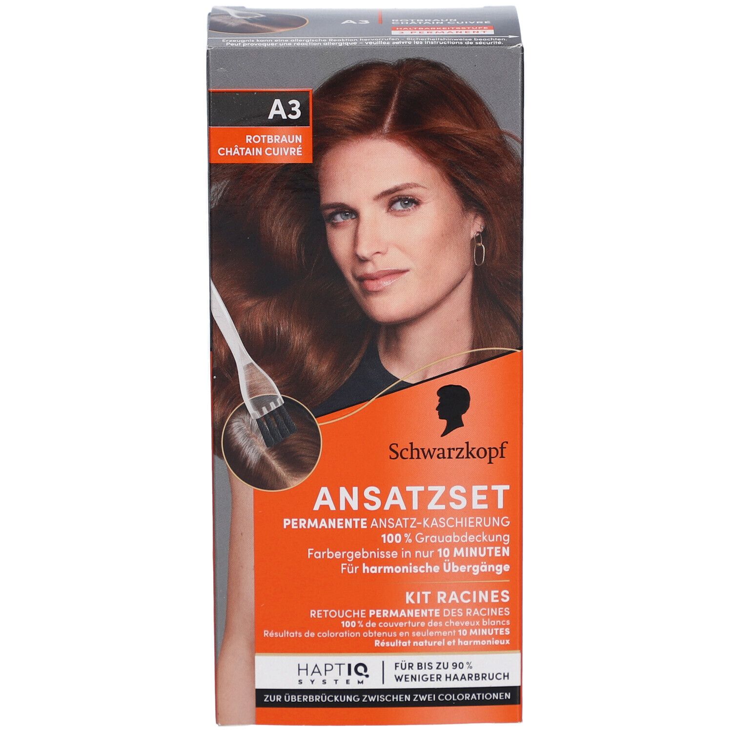 Schwarzkopf Ansatzset A3 Châtain Cuivré. Emballage avec modèle et image du produit. Texte: Kit Racines, couvrance des racines.