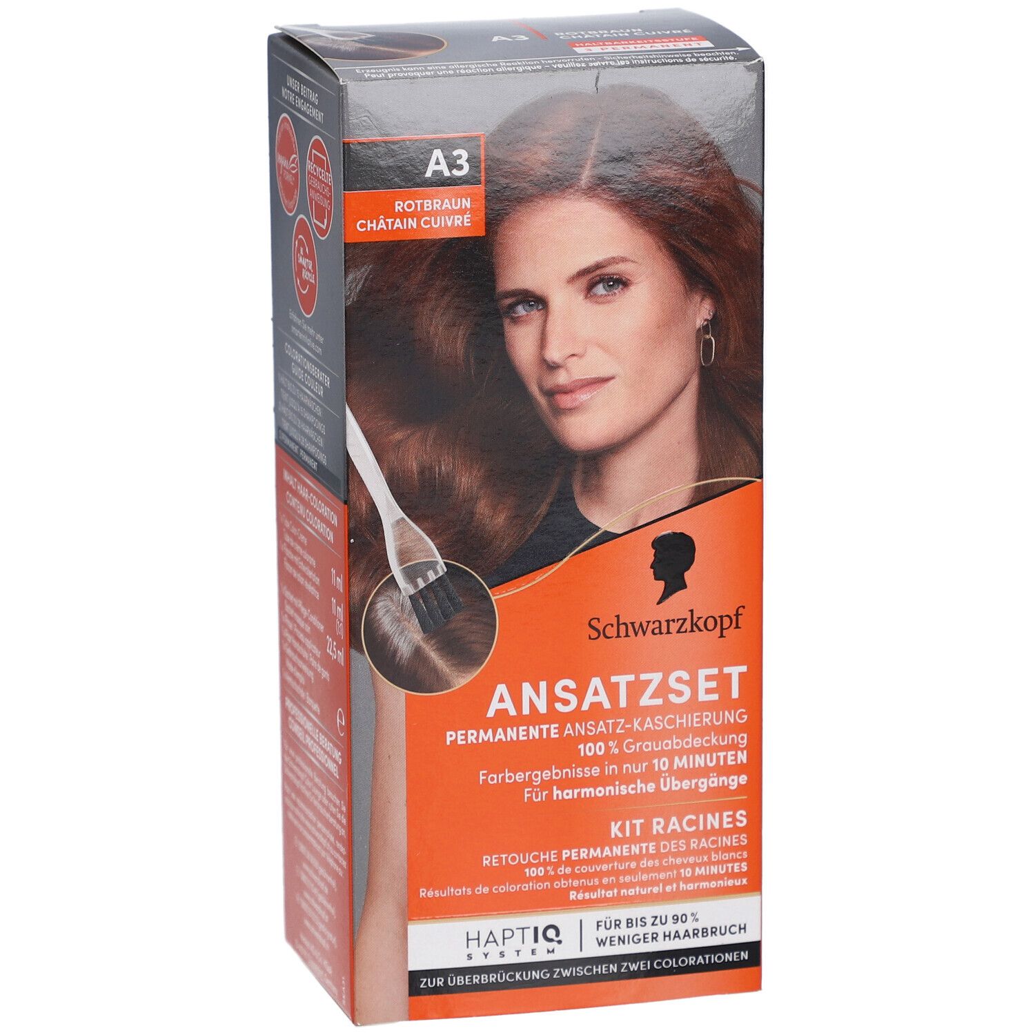 Schwarzkopf Ansatzset A3 Châtain Cuivré. Emballage avec modèle et image du produit. Texte: Kit Racines, couvrance des racines.