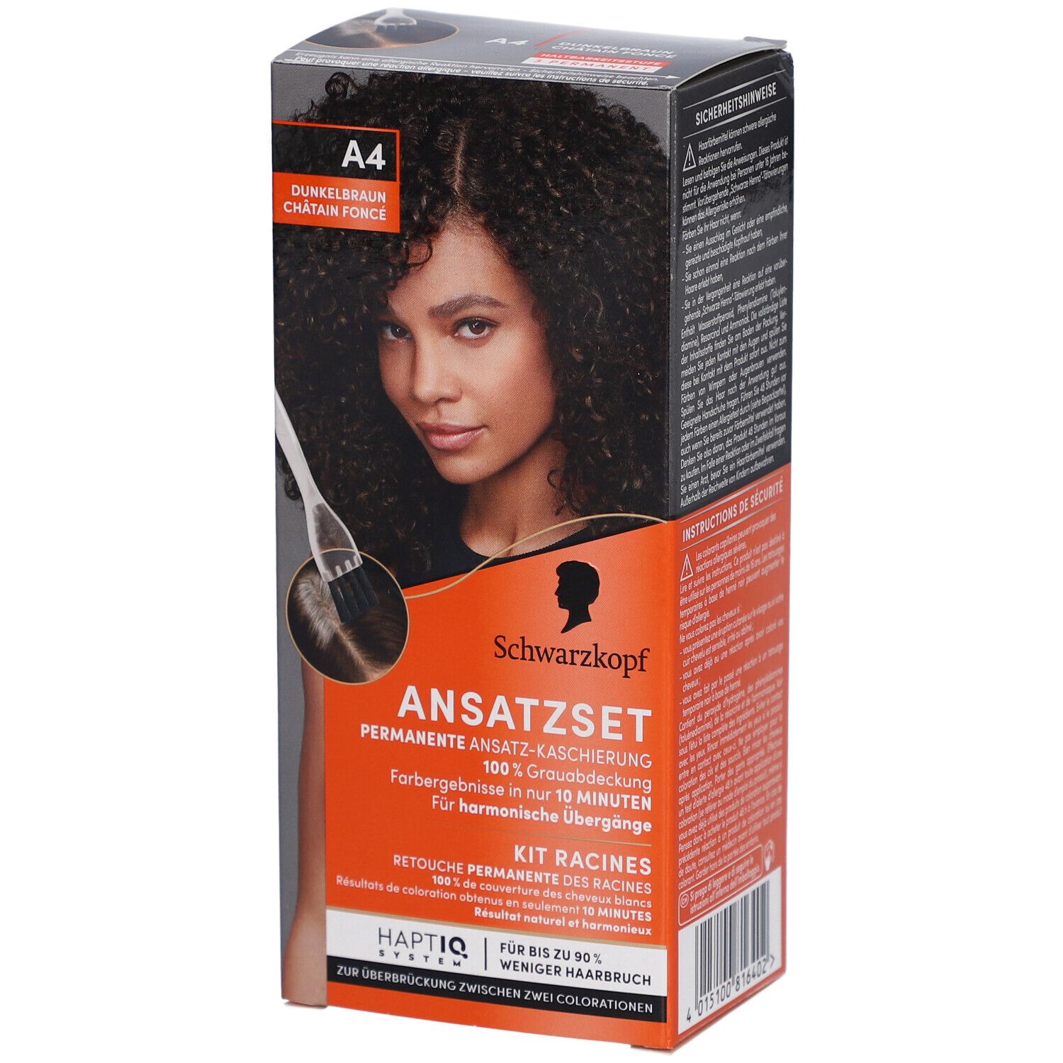 Schwarzkopf Ansatzset A4 Dunkelbraun. Box mit Produktabbildung und Model. Text: Permanente Ansatz-Kaschierung.