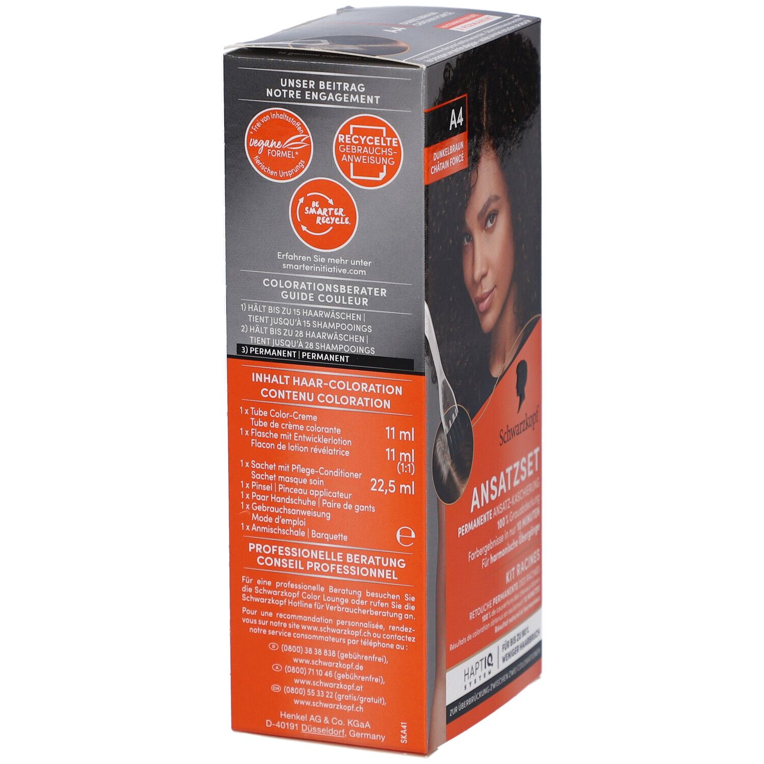 Schwarzkopf Ansatzset Box. Seitenansicht mit Produktinformationen. Enthält Haar-Coloration, Tube Color-Creme, etc.