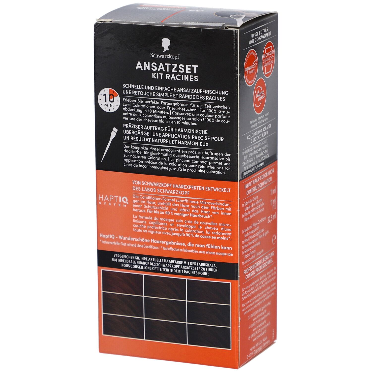 Schwarzkopf Ansatzset Box. Rückseite mit Produktinformationen. Schnelle Ansatzfrischung in 10 Minuten.