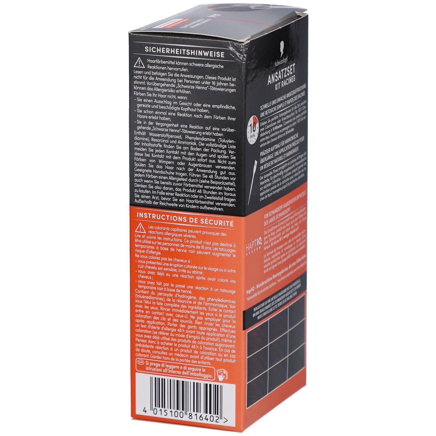 Schwarzkopf Ansatzset Box. Seite mit Sicherheitshinweisen. Enthält Warnhinweise und Gebrauchsanweisungen.
