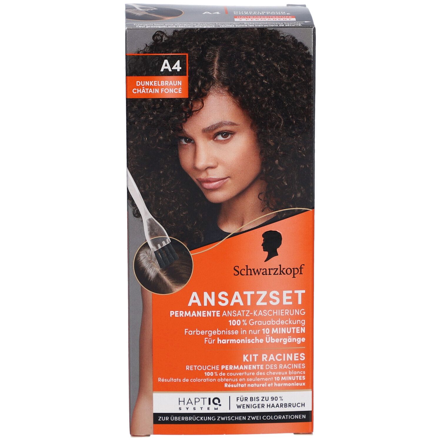 Schwarzkopf Ansatzset A4 Dunkelbraun. Box mit Model und Produktabbildung. Text: Permanente Ansatz-Kaschierung.