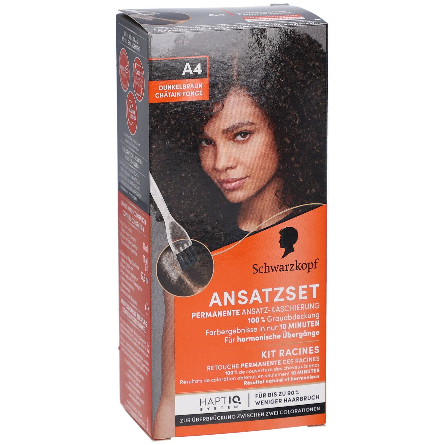 Schwarzkopf Ansatzset A4 Dunkelbraun. Box mit Model und Produktabbildung. Text: Permanente Ansatz-Kaschierung.