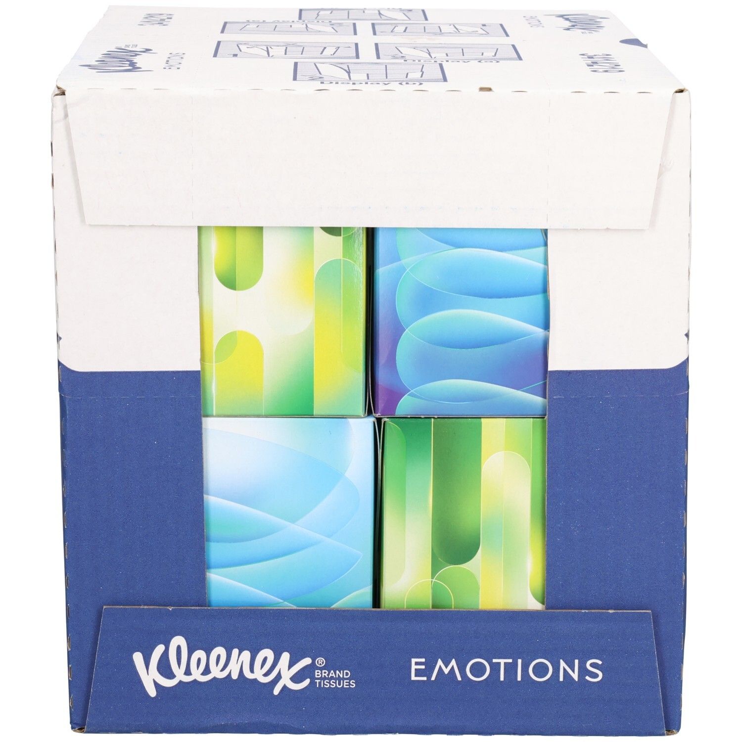 Kleenex Kosmetiktücher-Würfel in Kartonverpackung. Vier Würfel mit farbigen Designs. Text: Kleenex Emotions.