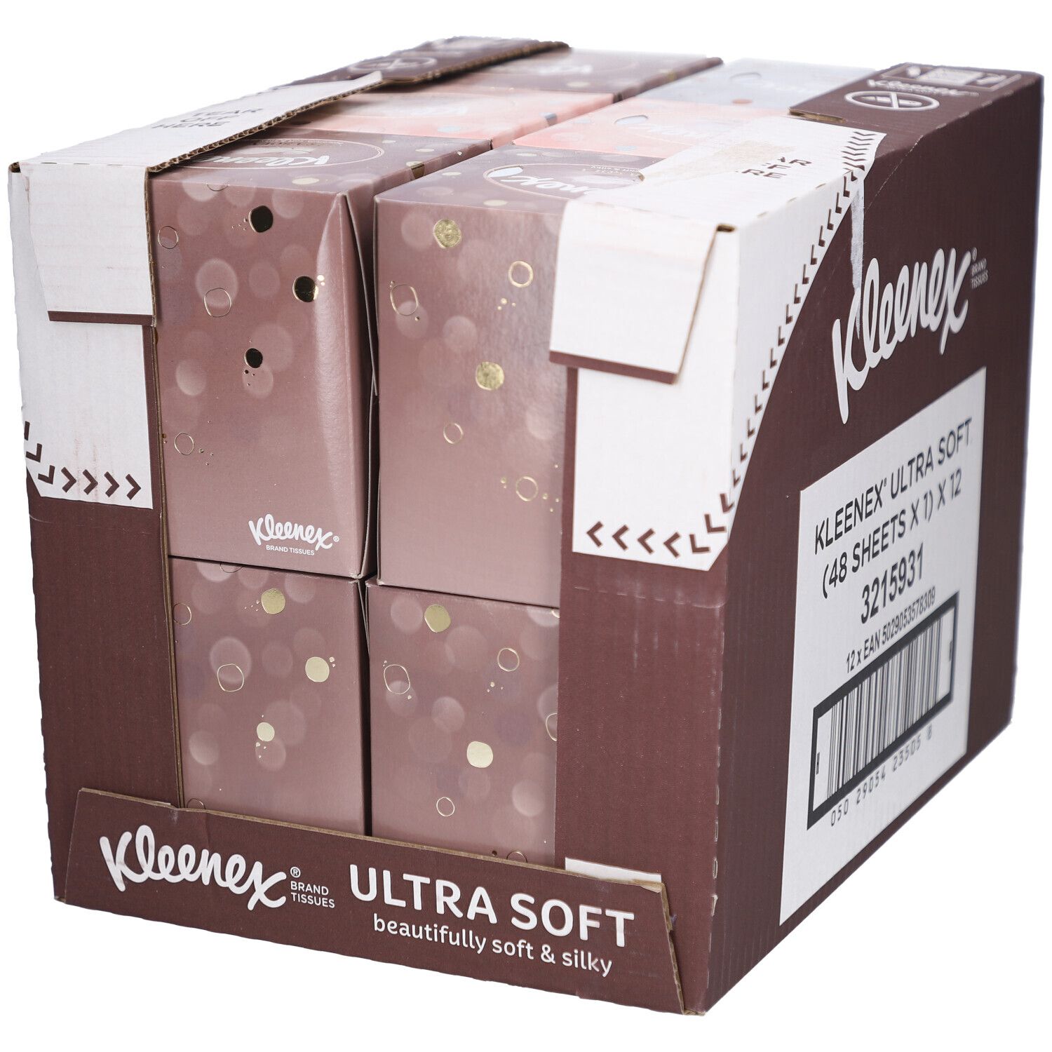 Karton mit Kleenex Ultra Soft Taschentüchern. Sichtbar: 4 Boxen. Aufschrift: Ultra Soft. Braun und weiß.