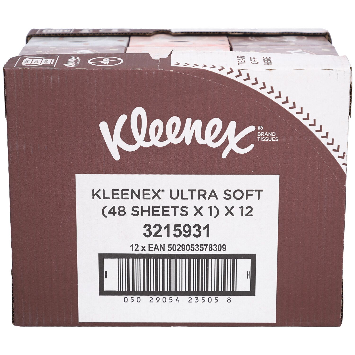 Karton mit Kleenex Ultra Soft Taschentüchern. Aufschrift: 48 Tücher x 12. Barcode und Produktnummer.