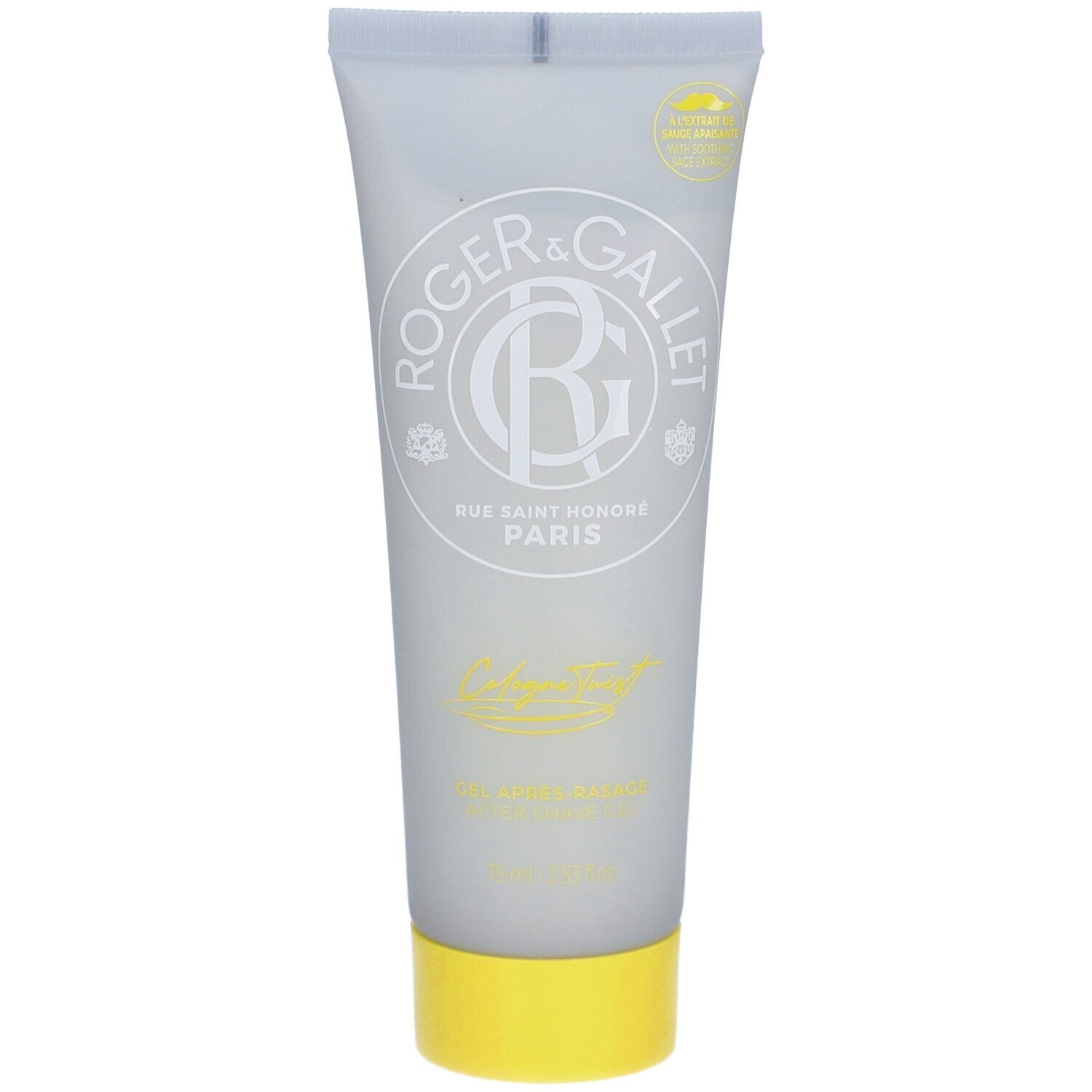 Tube gris transparent, bouchon jaune. Inscription: ROGER & GALLET, Rue Saint Honoré Paris, Cologne Twist, Gel Après-Rasage.