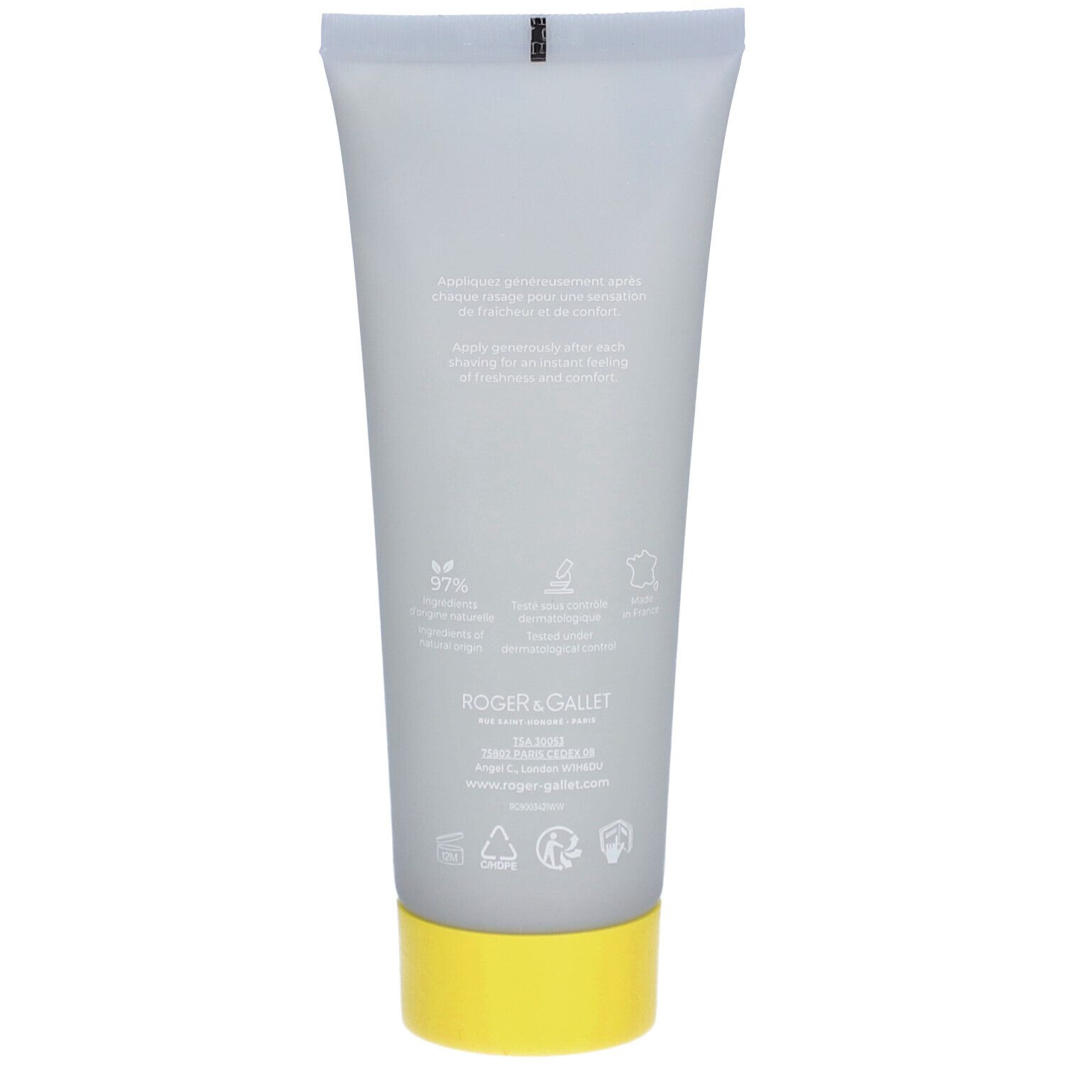 Dos du tube. Texte: 97% ingrédients d'origine naturelle, testé dermatologiquement, fabriqué en France. ROGER & GALLET.