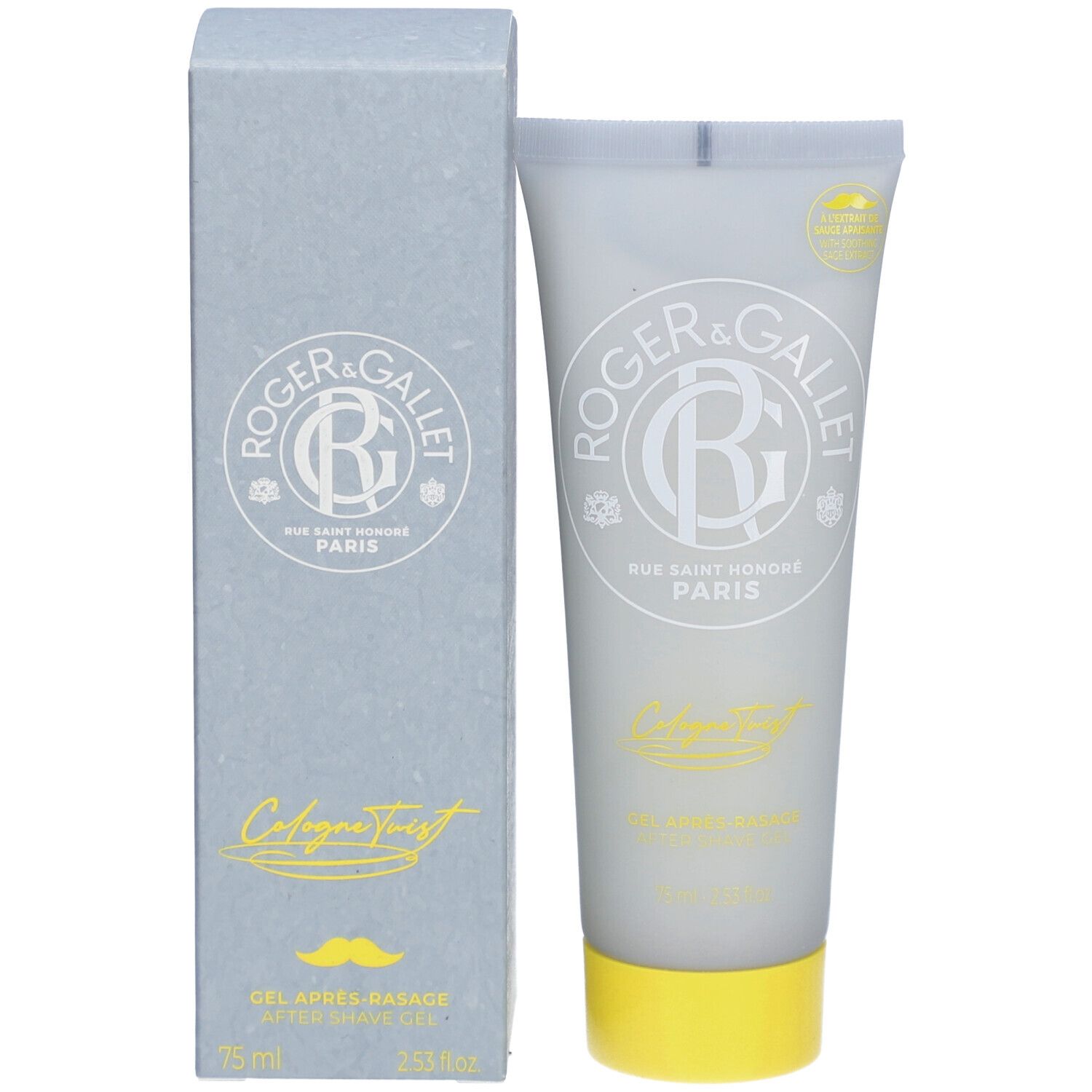 Produit et emballage. Tube et boîte. Inscription: ROGER & GALLET, Cologne Twist, Gel Après-Rasage. Écriture jaune.