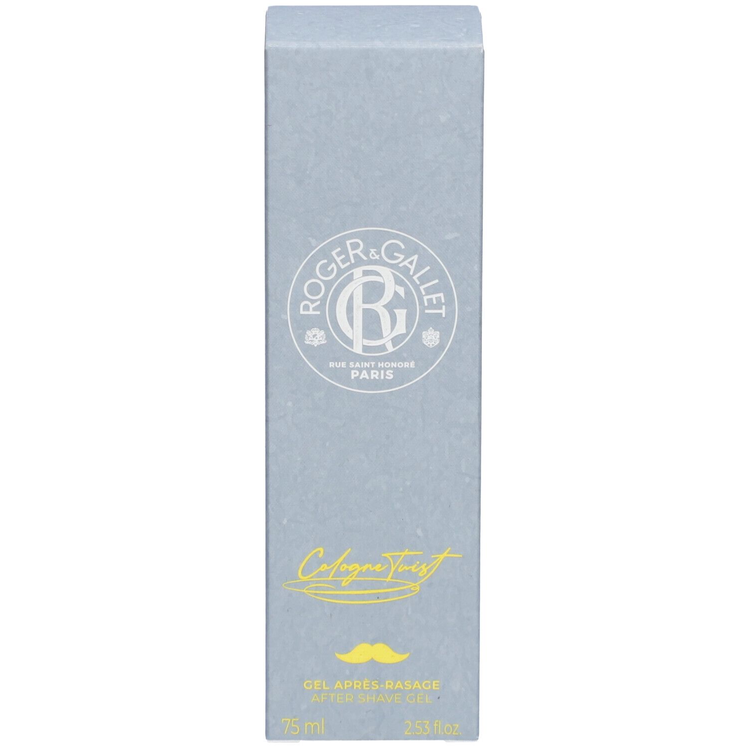 Boîte. Inscription: ROGER & GALLET, Cologne Twist, Gel Après-Rasage. Écriture jaune. 75 ml.
