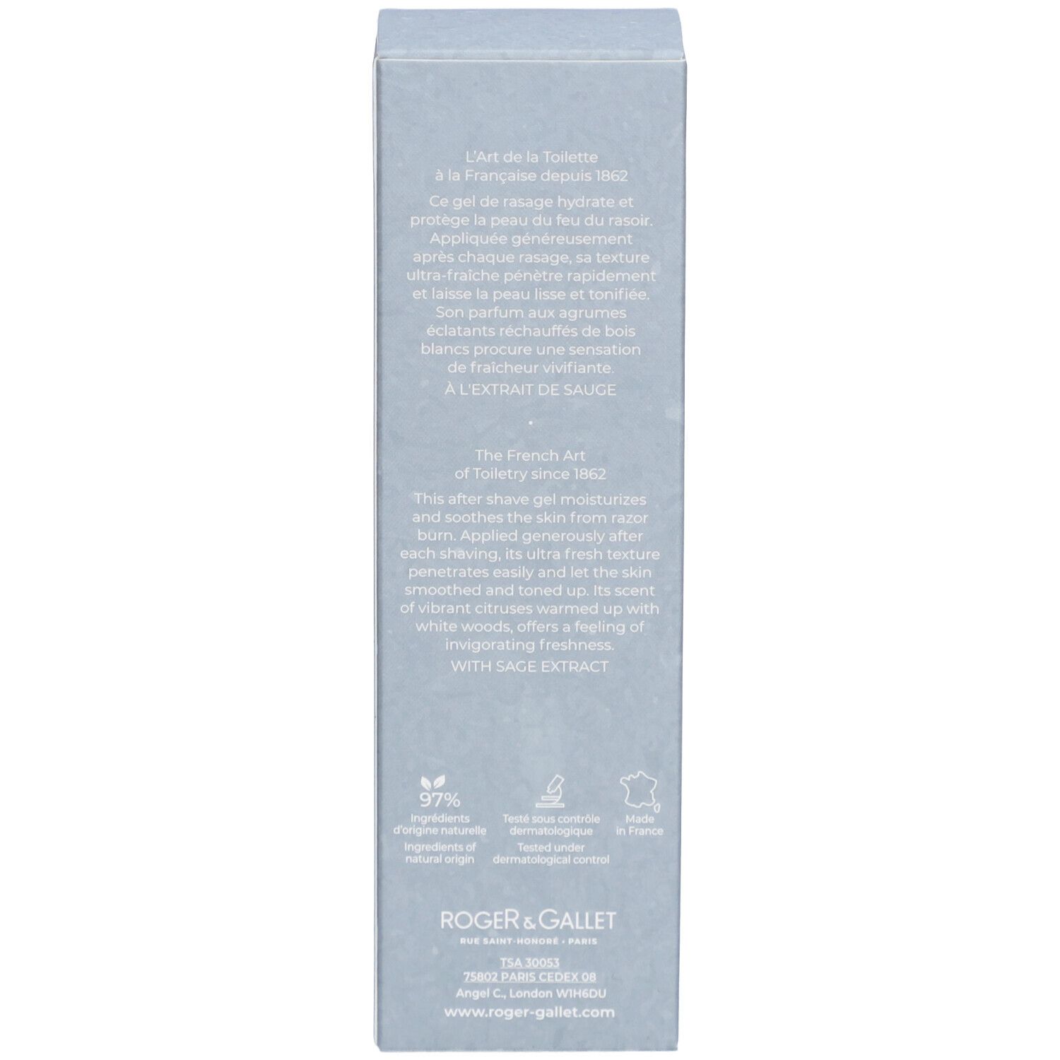 Dos de la boîte. Texte en français et anglais. 97% ingrédients d'origine naturelle. Testé dermatologiquement.