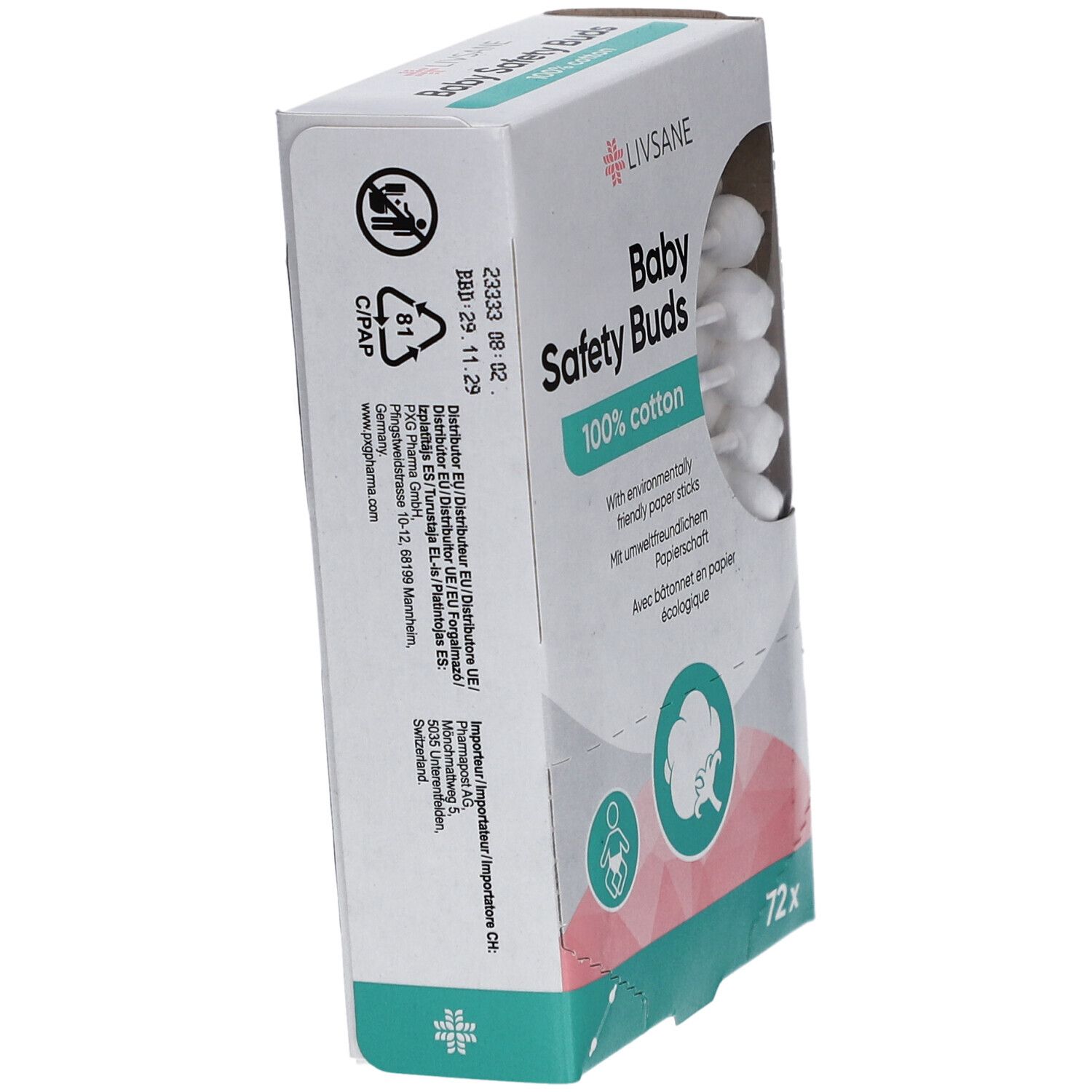 Schrägansicht der Verpackung von LIVSANE Baby Safety Buds. Text: Baby Safety Buds, 100% cotton. 72 Stück. Recycling-Symbol.