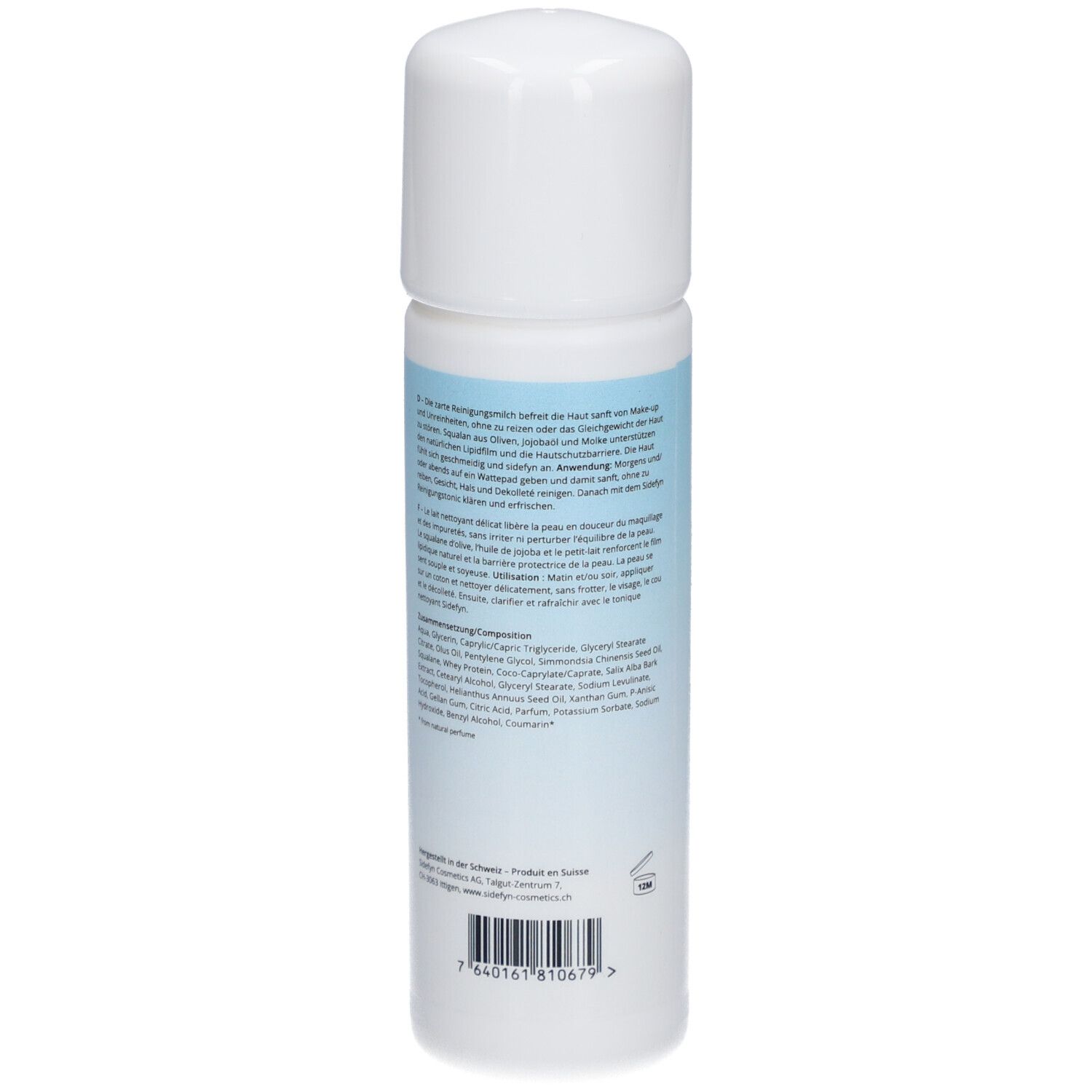Weiße Flasche, Rückseite mit Text. Blaue Etikett. Text in Deutsch, Französisch und Italienisch. Inhaltsstoffe.