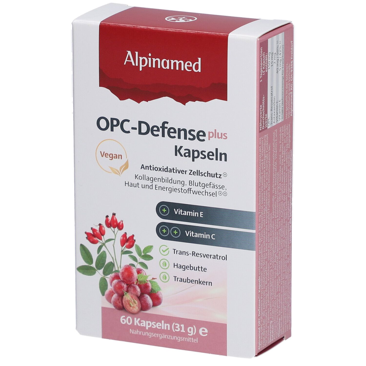 Schachtel mit Kapseln. Aufschrift: Alpinamed OPC-Defense plus Kapseln. Vegan-Siegel. Abbildung von Hagebutten und Traubenkernen.