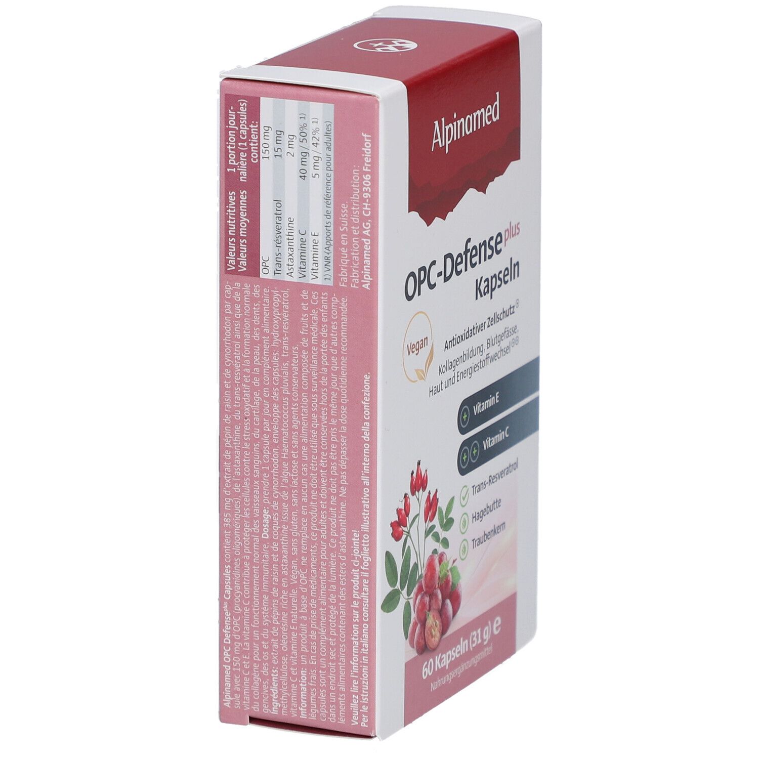 Schachtel, Seitenansicht. Aufschrift: Alpinamed OPC-Defense plus Kapseln. Vegan-Siegel. Text und Nährwertangaben.