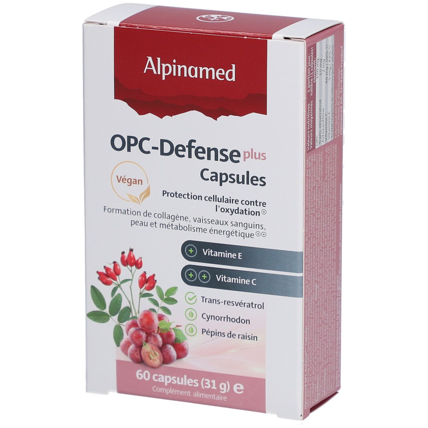 Schachtel mit Kapseln. Aufschrift: Alpinamed OPC-Defense plus Capsules. Vegan-Siegel. Abbildung von Hagebutten und Traubenkernen.