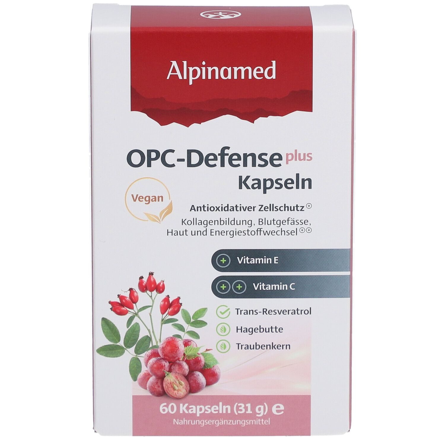 Schachtel mit Kapseln. Aufschrift: Alpinamed OPC-Defense plus Kapseln. Vegan-Siegel. Abbildung von Hagebutten und Traubenkernen.