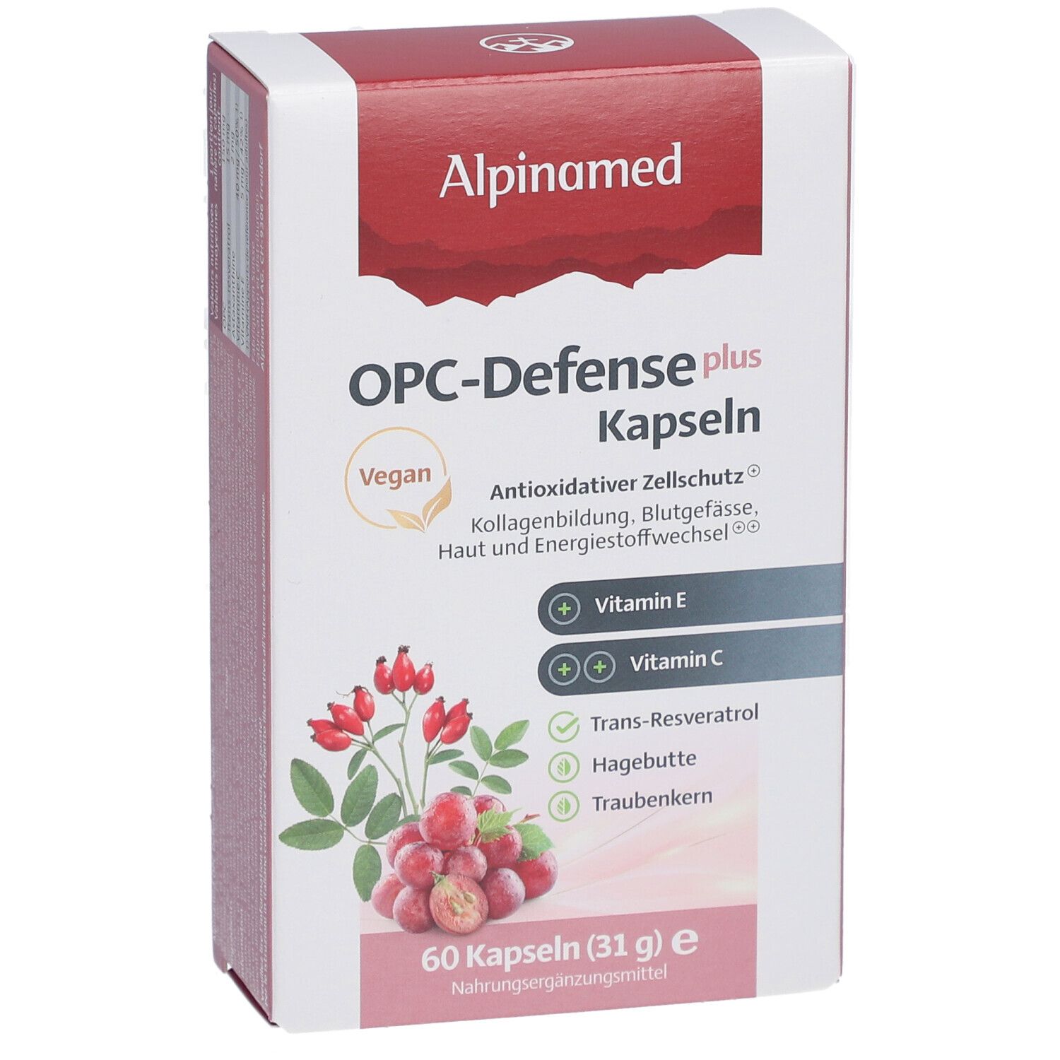 Schachtel mit Kapseln. Aufschrift: Alpinamed OPC-Defense plus Kapseln. Vegan-Siegel. Abbildung von Hagebutten und Traubenkernen.