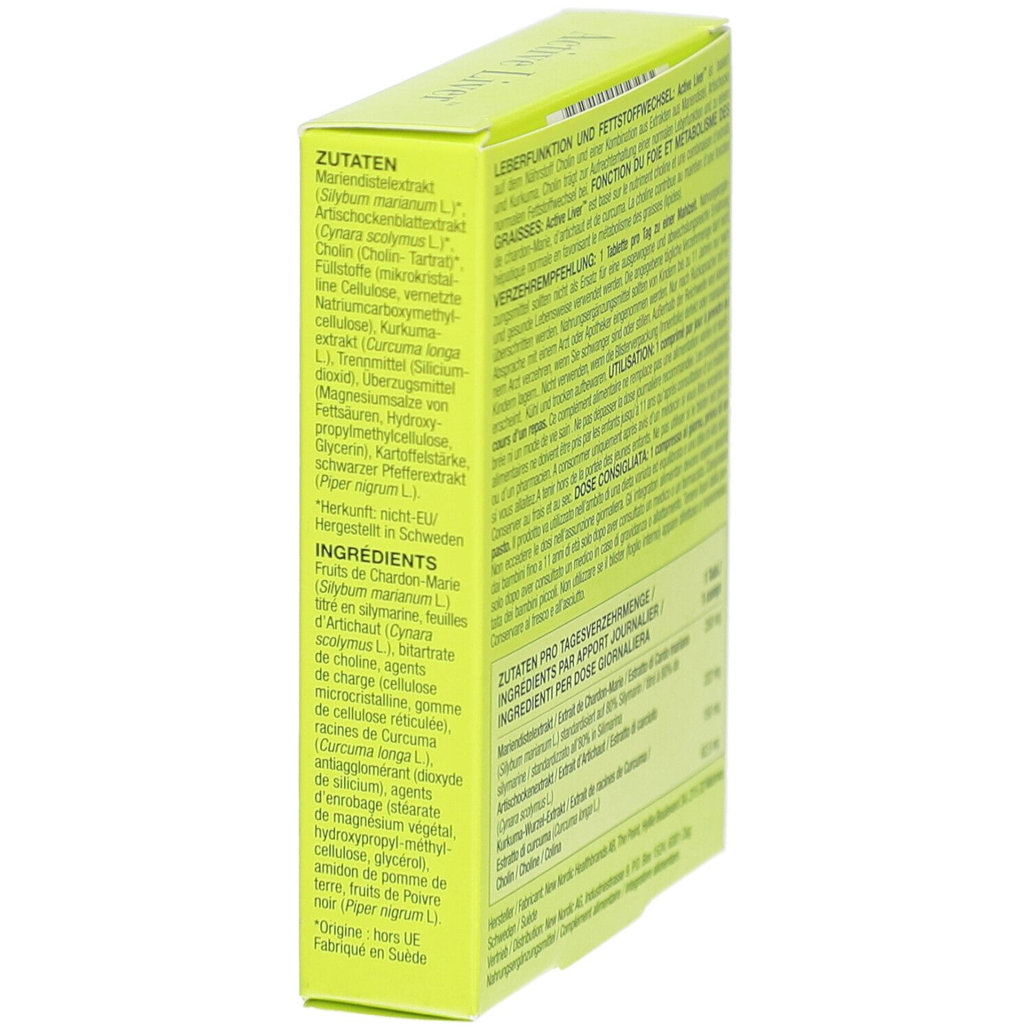 Seitenansicht der grünen Schachtel. Text in mehreren Sprachen. Enthält Informationen zu Inhaltsstoffen.