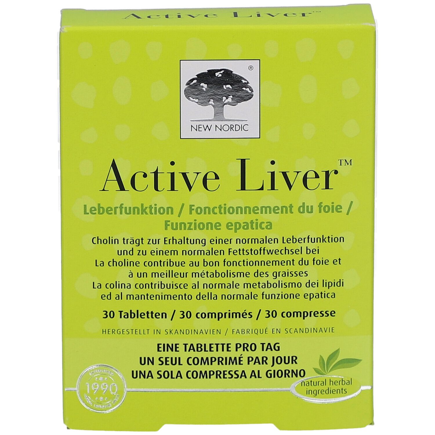 Grüne Schachtel mit "Active Liver"-Aufdruck. Enthält 30 Tabletten. Marke: New Nordic. Mit Logo und Text in mehreren Sprachen.
