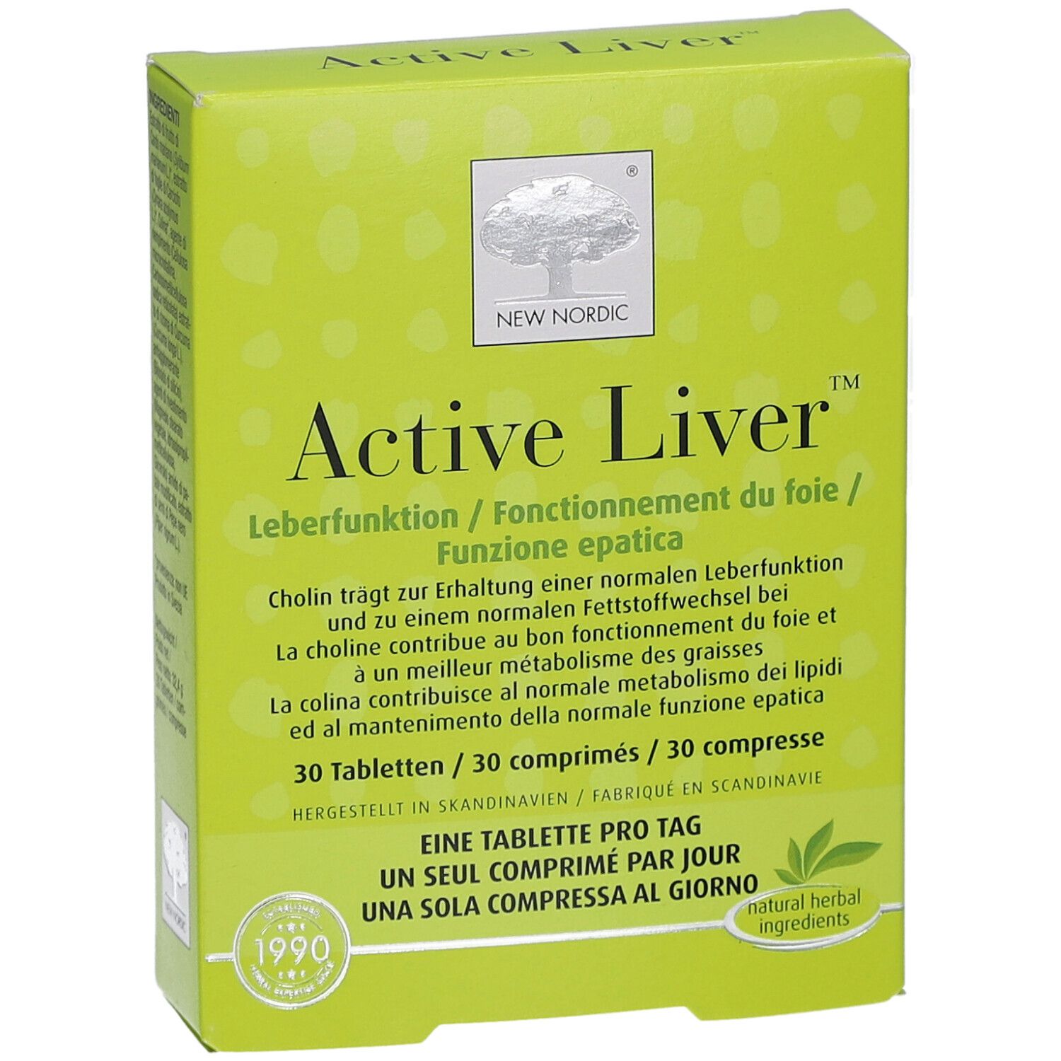 Grüne Schachtel mit "Active Liver"-Aufdruck. Enthält 30 Tabletten. Marke: New Nordic. Mit Logo und Text in mehreren Sprachen.