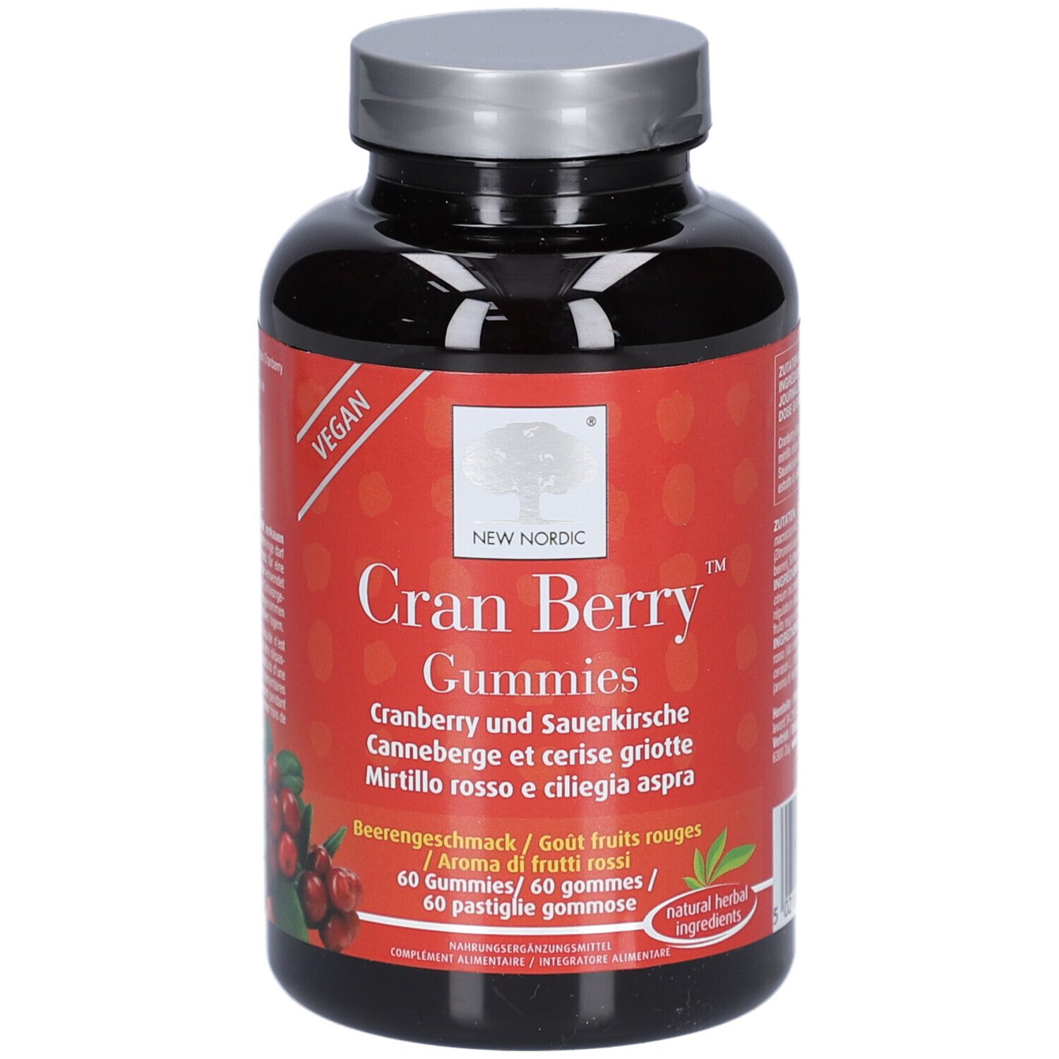 Dunkle Flasche mit silbernem Deckel. Aufschrift: NEW NORDIC Cran Berry Gummies. 60 Gummies. Vegan. Cranberry und Sauerkirsche.