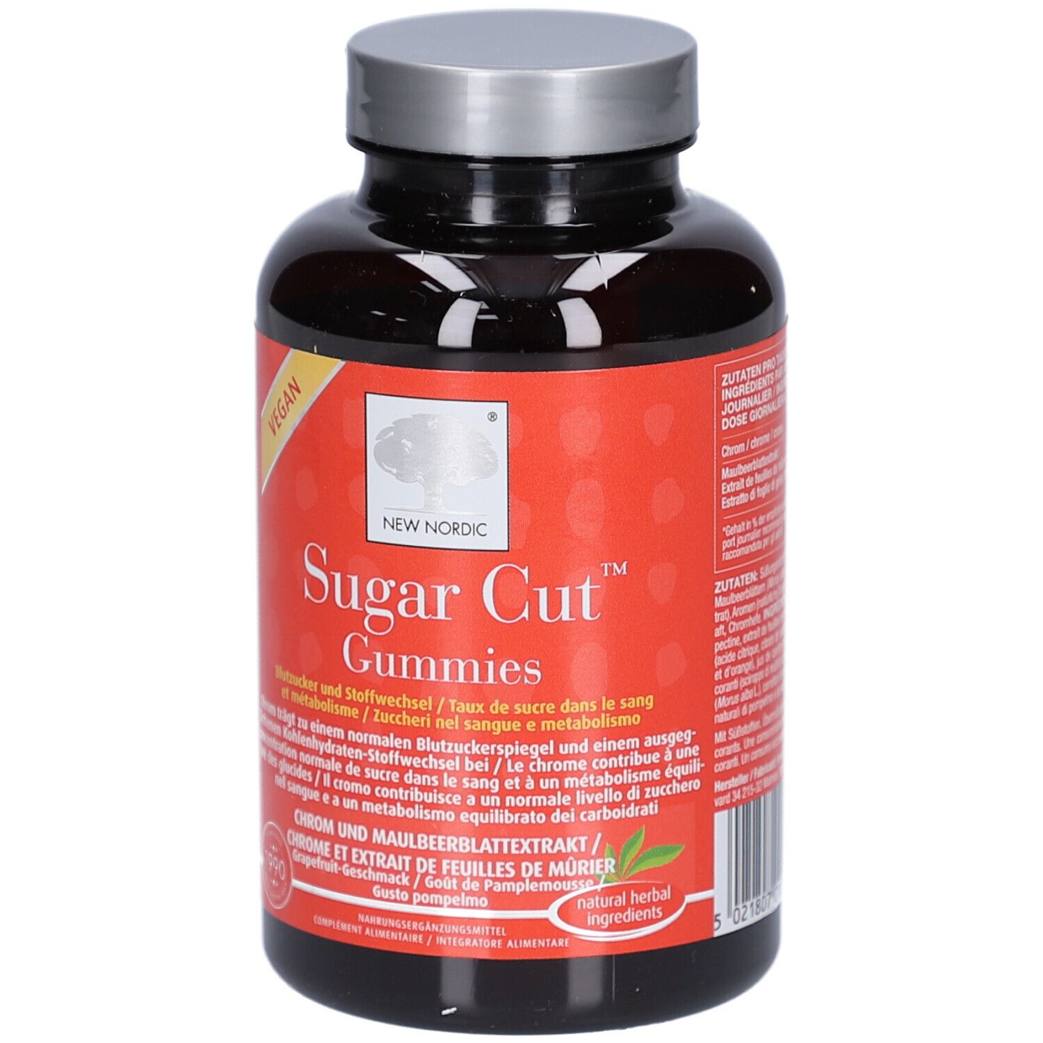 Braune Flasche mit silbernem Deckel. Rotes Etikett mit weißem Text: Sugar Cut Gummies. Vegan-Siegel.