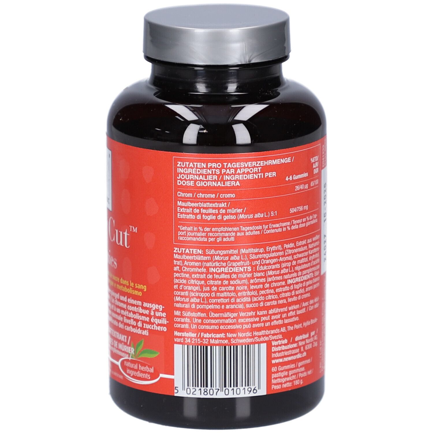 Rückseite der Flasche. Rotes Etikett mit Text. Vegan-Siegel. Zutatenliste.