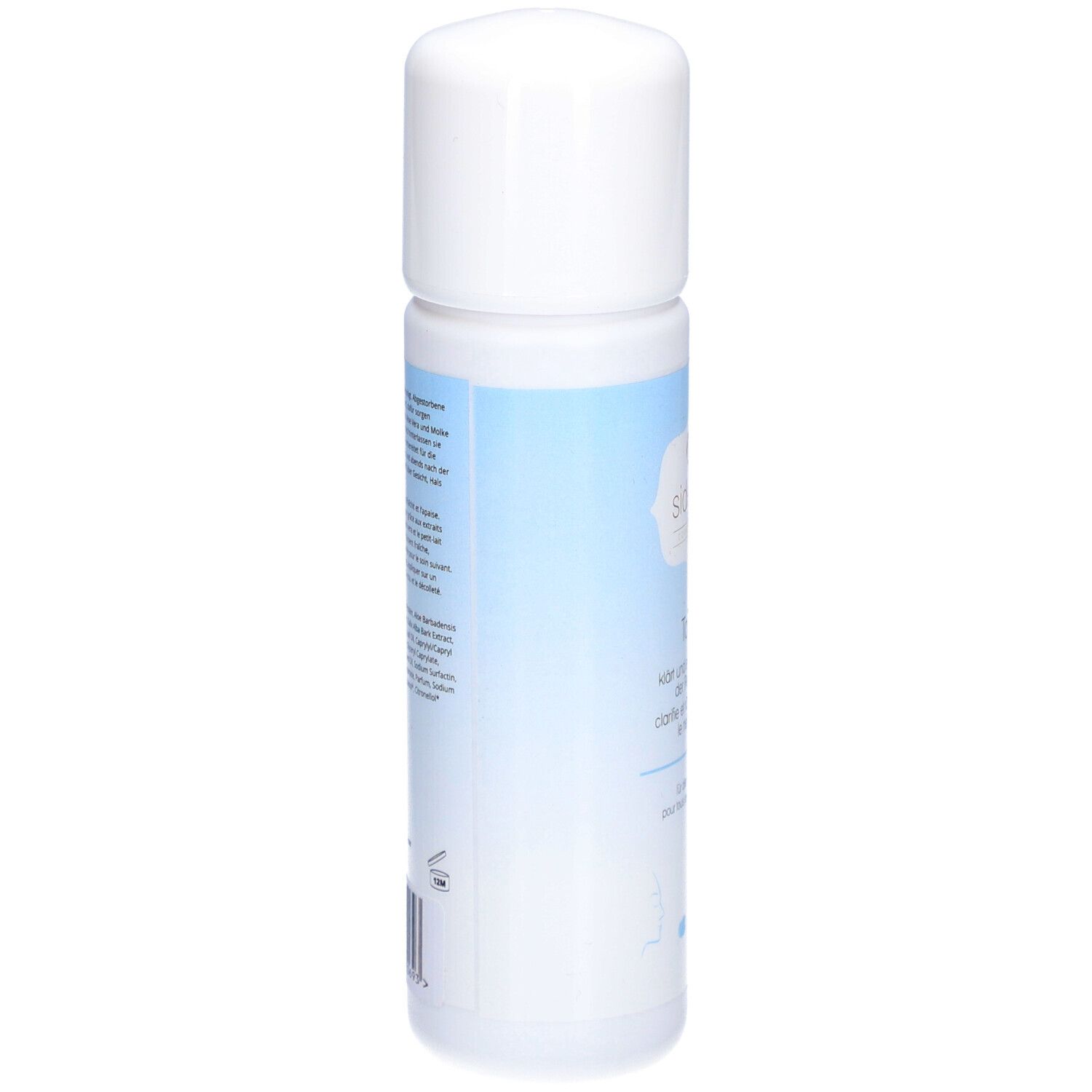 Sidefyn Tonic Flasche. Rückseite mit Text. Weißer Deckel, hellblaue Banderole. Produktinformationen.