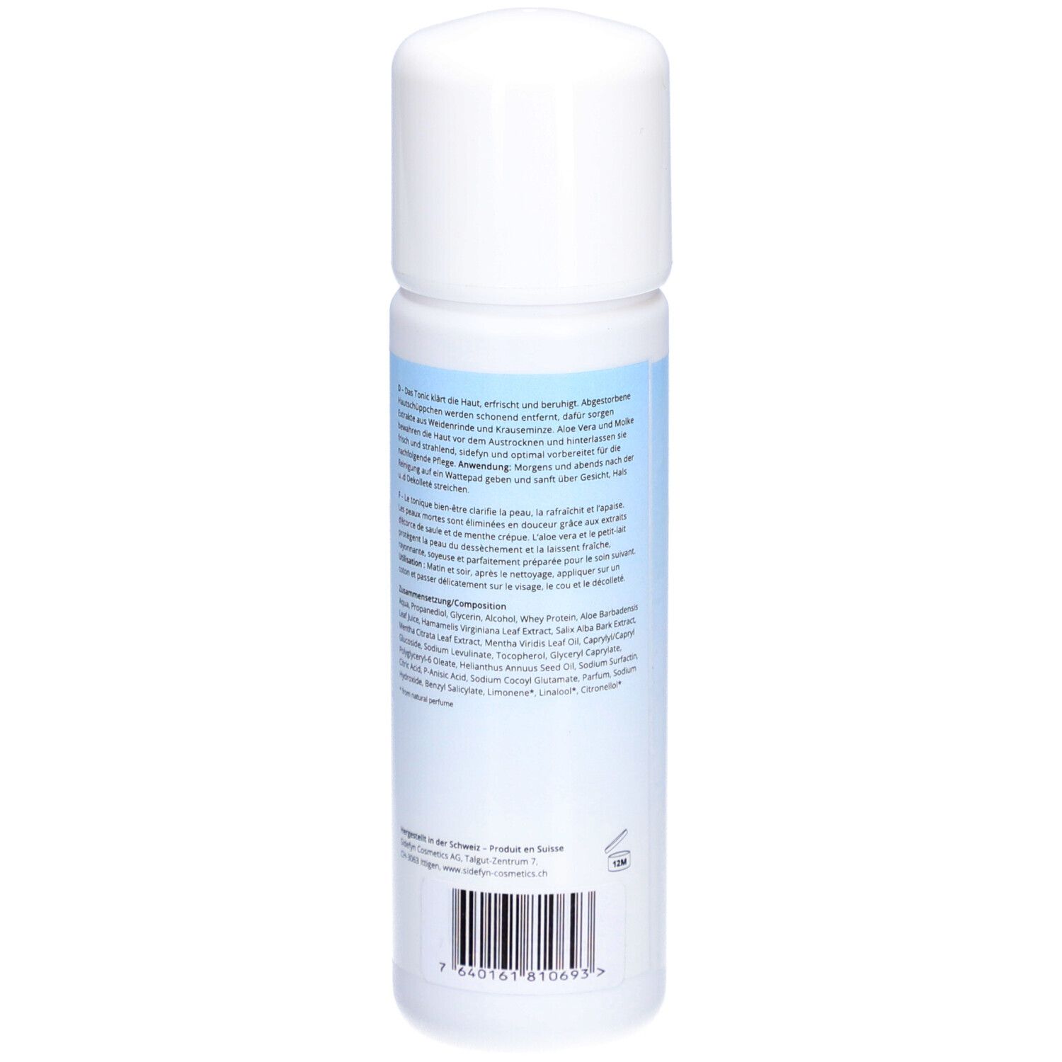 Sidefyn Tonic Flasche. Rückseite mit Text. Weißer Deckel, hellblaue Banderole. Produktinformationen.