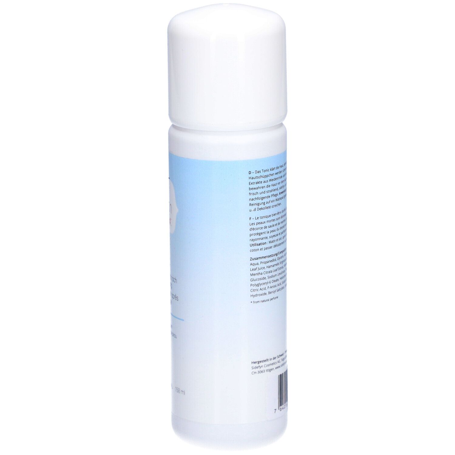 Sidefyn Tonic Flasche. Rückseite mit Text. Weißer Deckel, hellblaue Banderole. Produktinformationen.