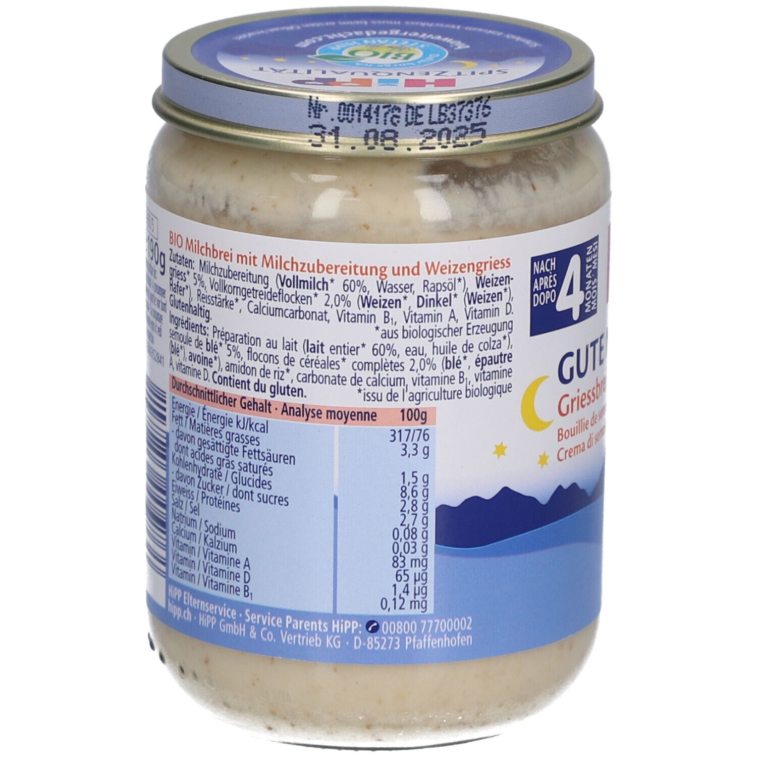 Rückseite des Glases mit Nährwertangaben und Zutatenliste. Aufschrift: BIO Milchbrei mit Weizengriess.