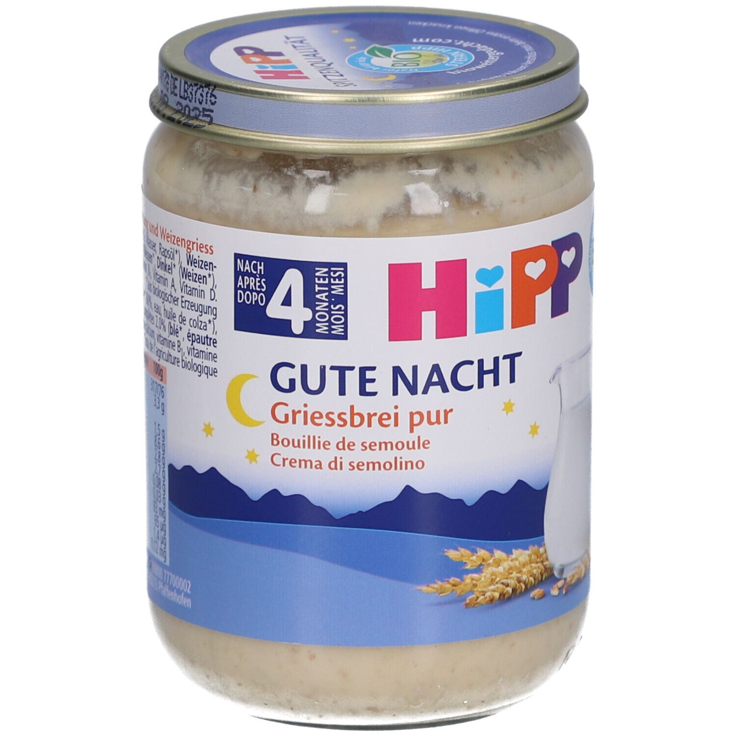 Glas mit Porridge. Aufschrift: HIPP Gute Nacht Griesbrei pur. Mit Deckel. Ab 4 Monaten.