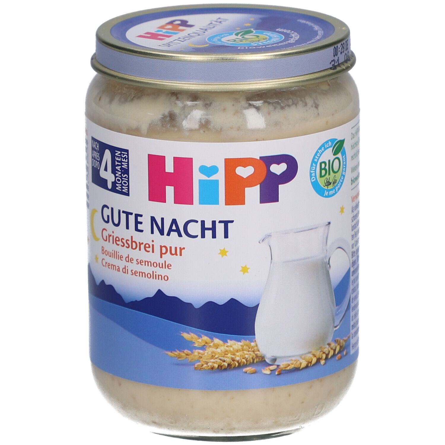 Glas mit Porridge. Aufschrift: HIPP Gute Nacht Griesbrei pur. Mit Deckel. Bio-Siegel. Ab 4 Monaten.