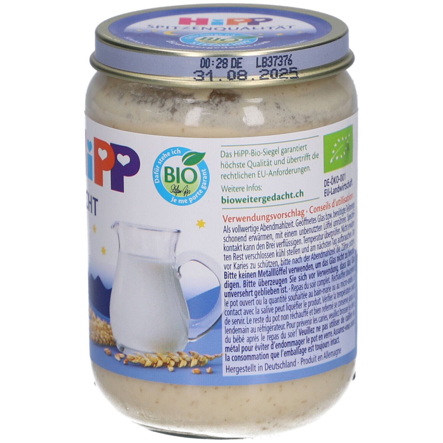 Glas mit Porridge. Aufschrift: HIPP Gute Nacht Griesbrei pur. Mit Deckel. Bio-Siegel. Ab 4 Monaten.